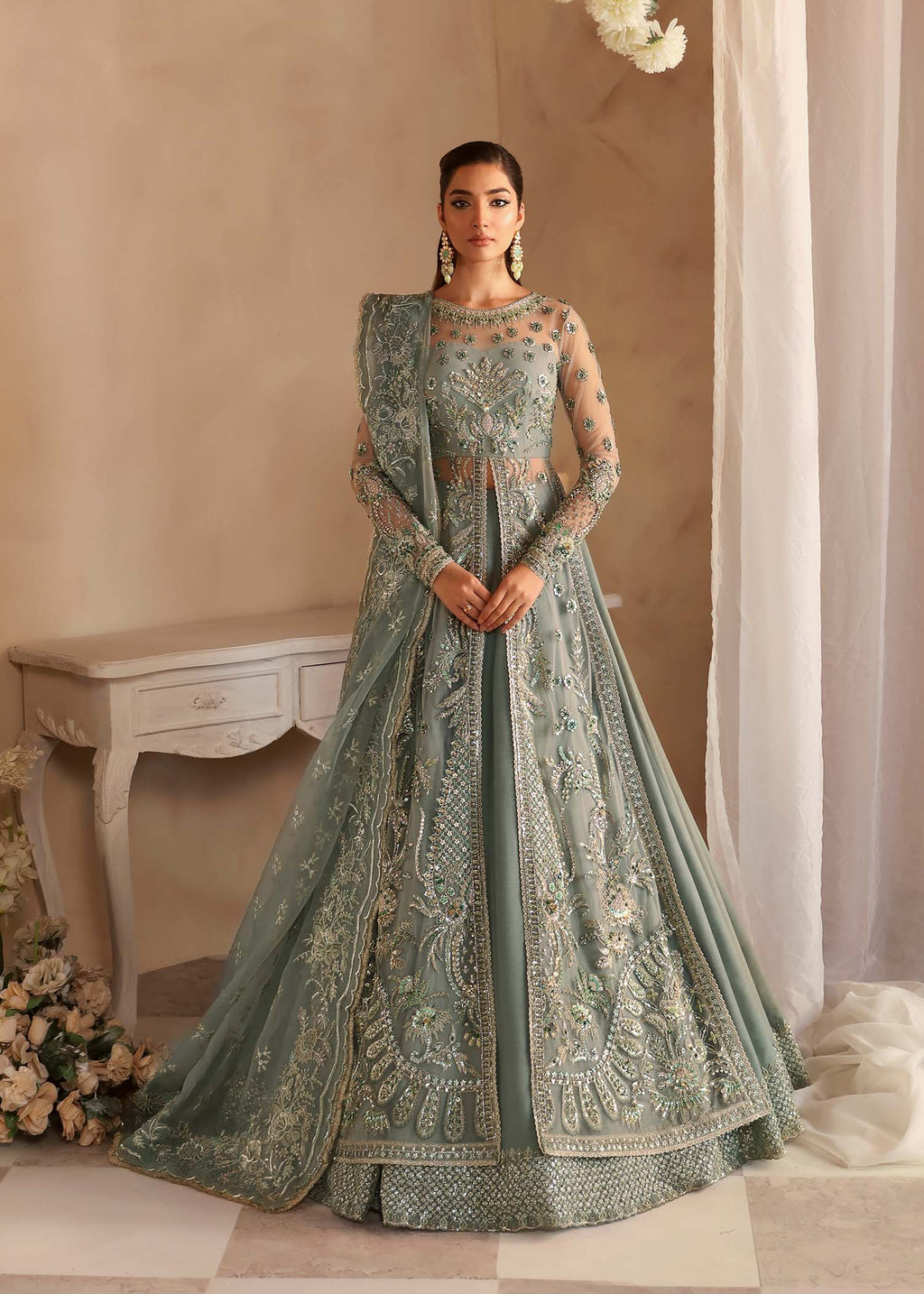 Sage Green Hand-Embellished Net Organza Bridal Lehenga (3-Piece) - Image 1