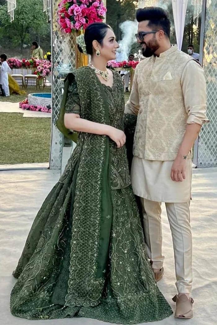 Pakistani Castleton Green Naqshi Work Net Organza Bridal Lehenga (3-Piece) - Image 1