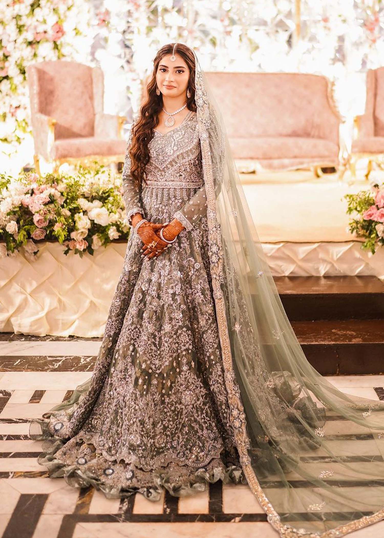 Pakistani Sage Green Embellished Net Organza Bridal Lehenga (3-Piece) - Image 1