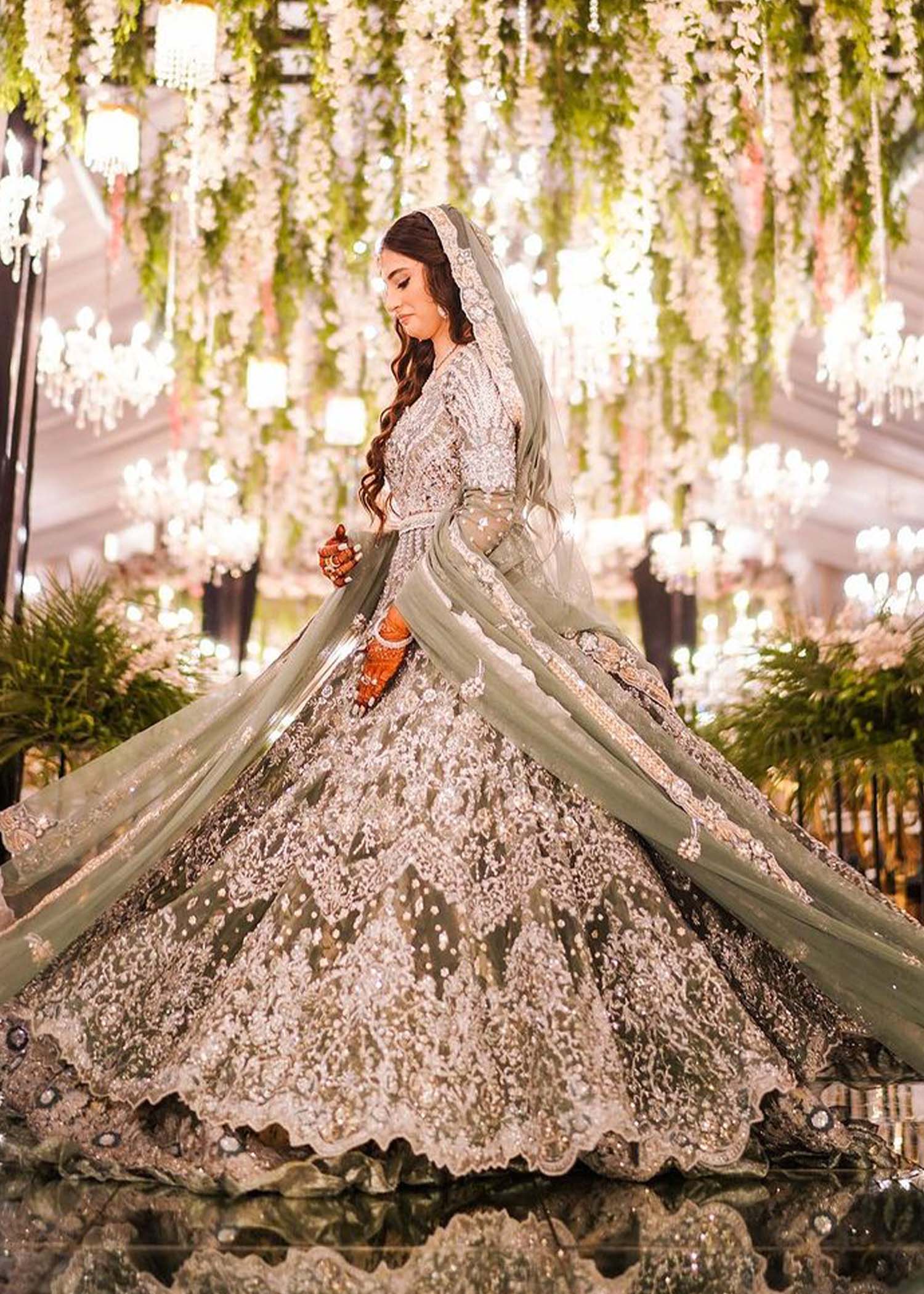 Pakistani Sage Green Embellished Net Organza Bridal Lehenga (3-Piece) - Image 5