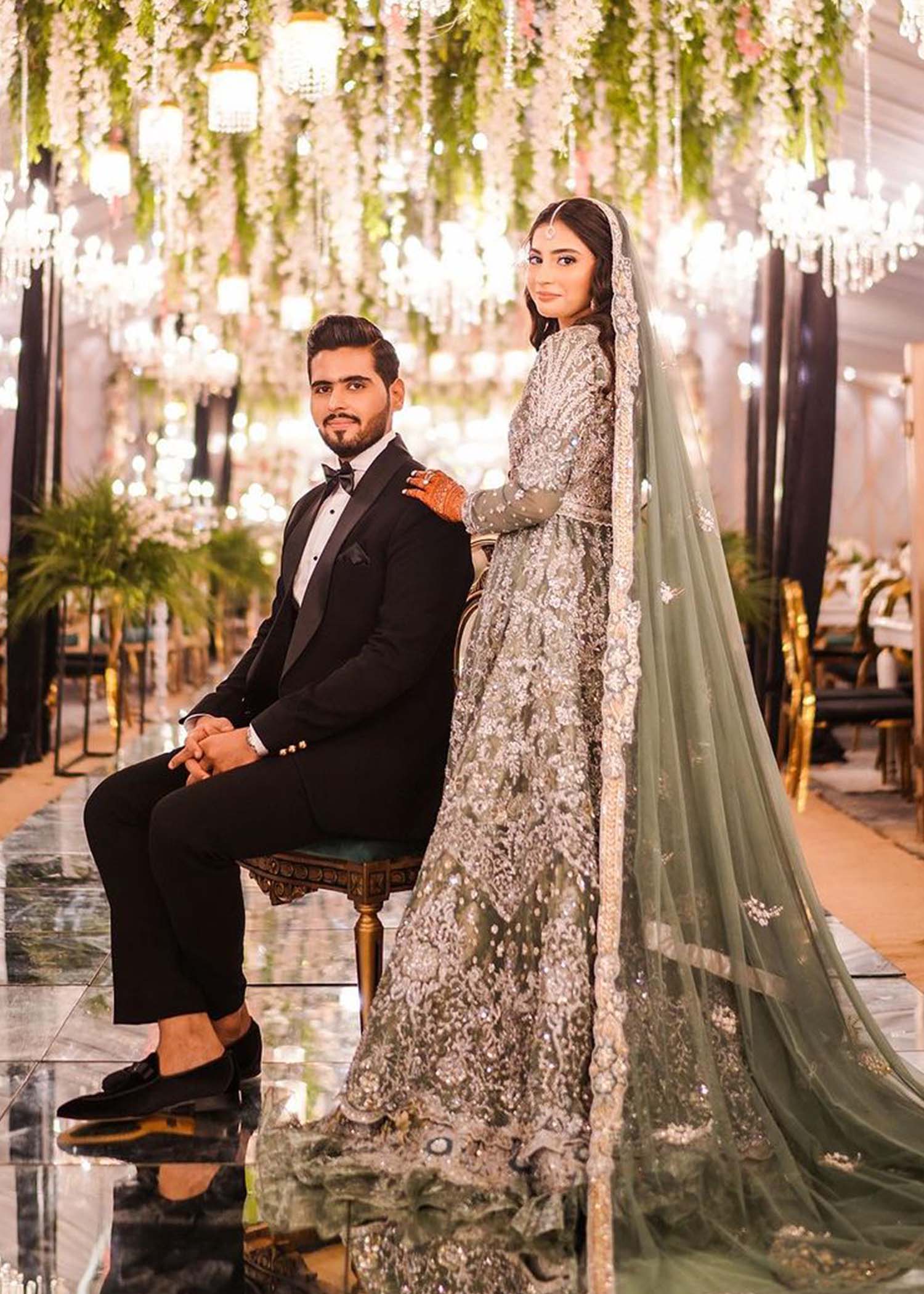 Pakistani Sage Green Embellished Net Organza Bridal Lehenga (3-Piece) - Image 6