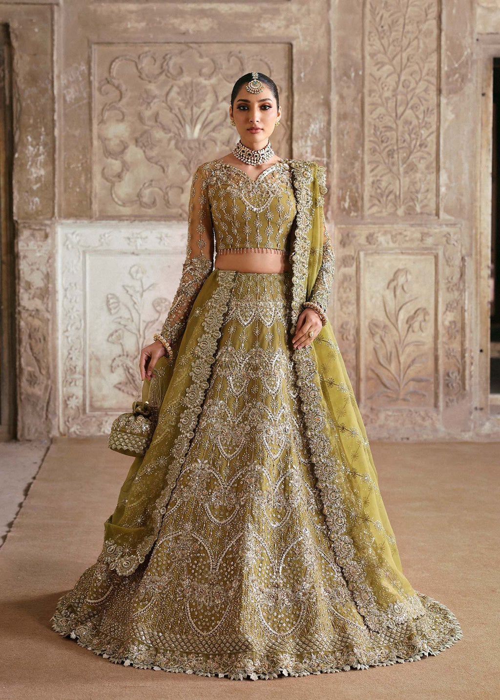 Olive Hand-Embellished Net Organza Bridal Lehenga (3-Piece) - Image 1