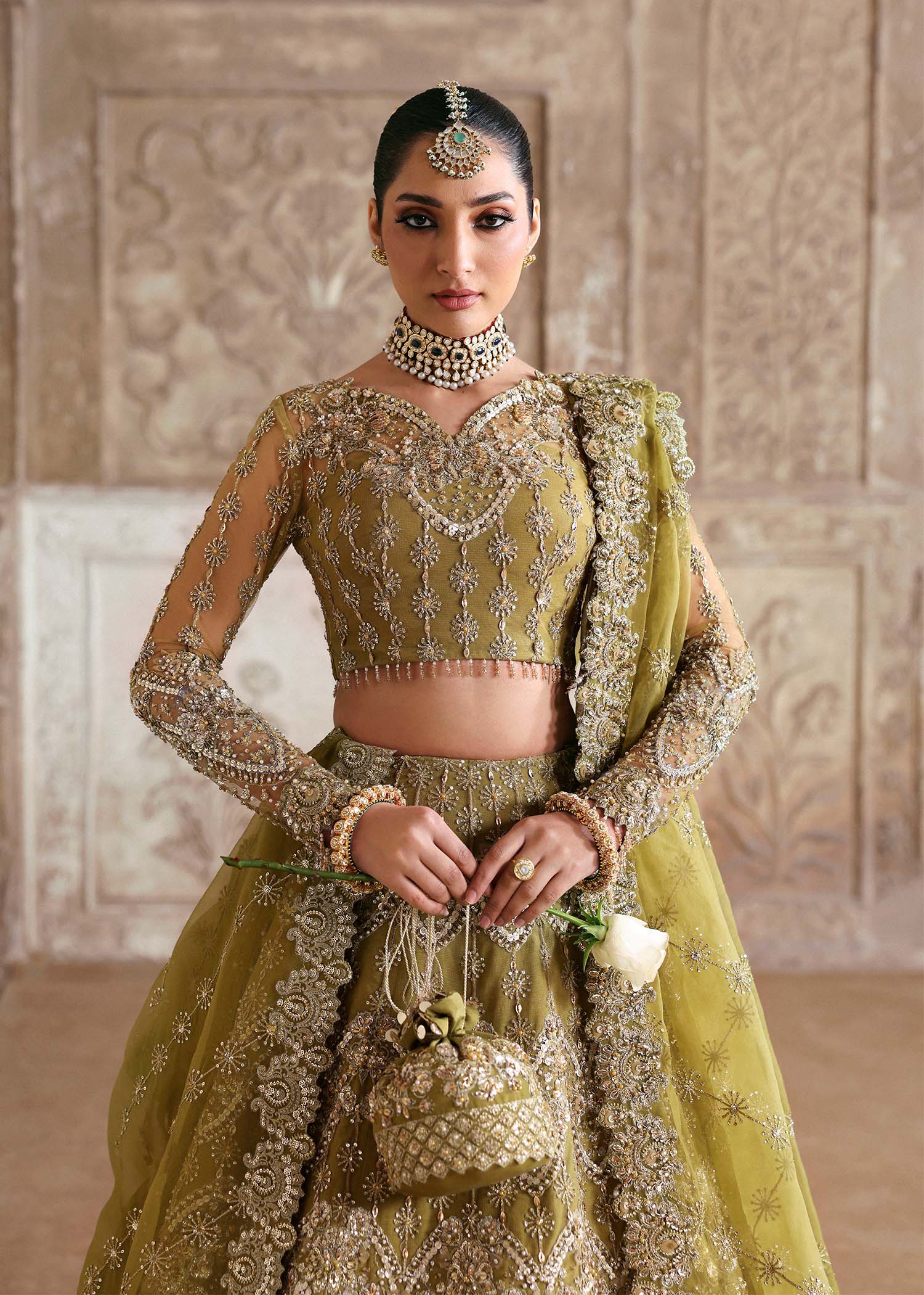 Olive Hand-Embellished Net Organza Bridal Lehenga (3-Piece) - Image 3