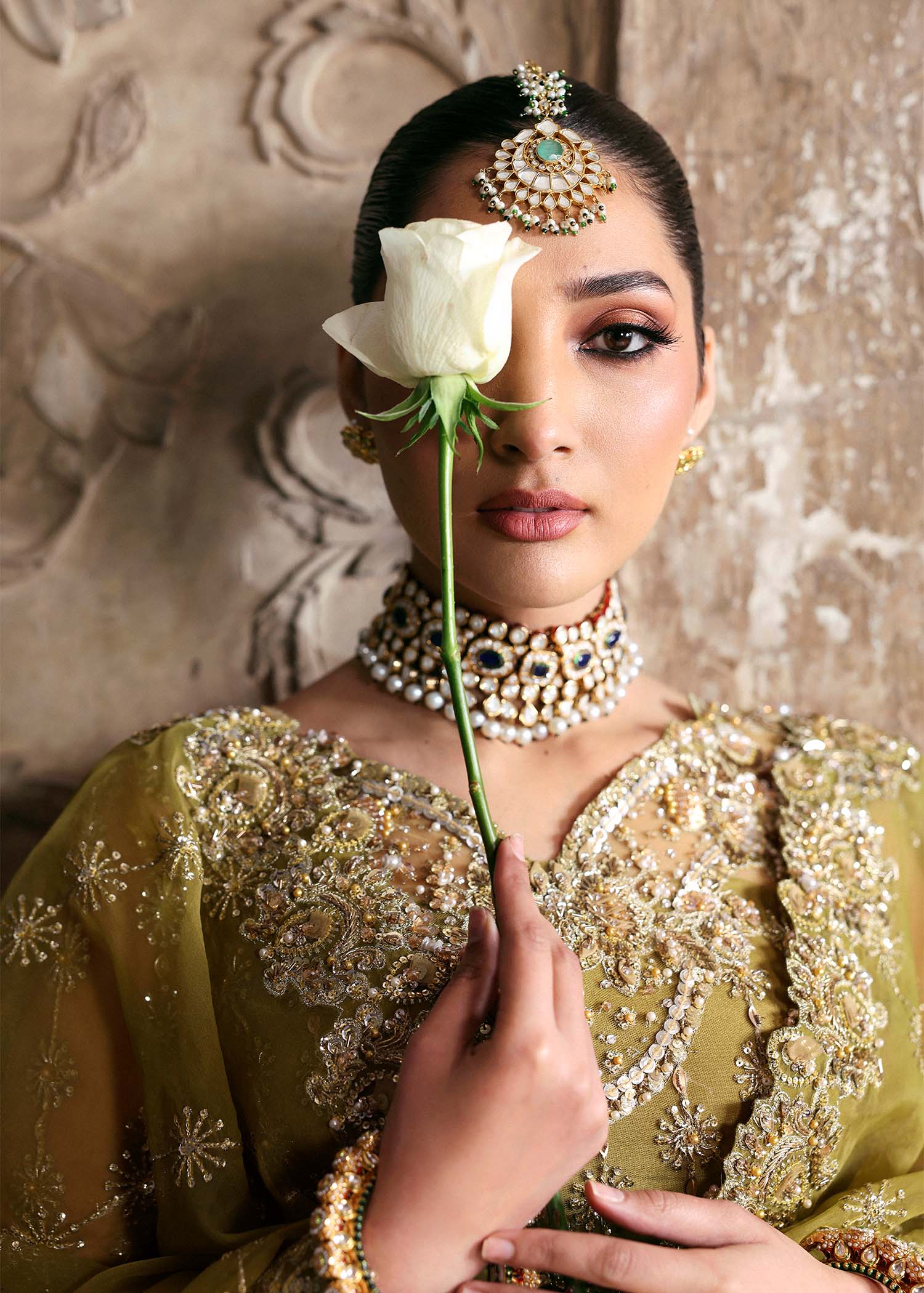 Olive Hand-Embellished Net Organza Bridal Lehenga (3-Piece) - Image 4