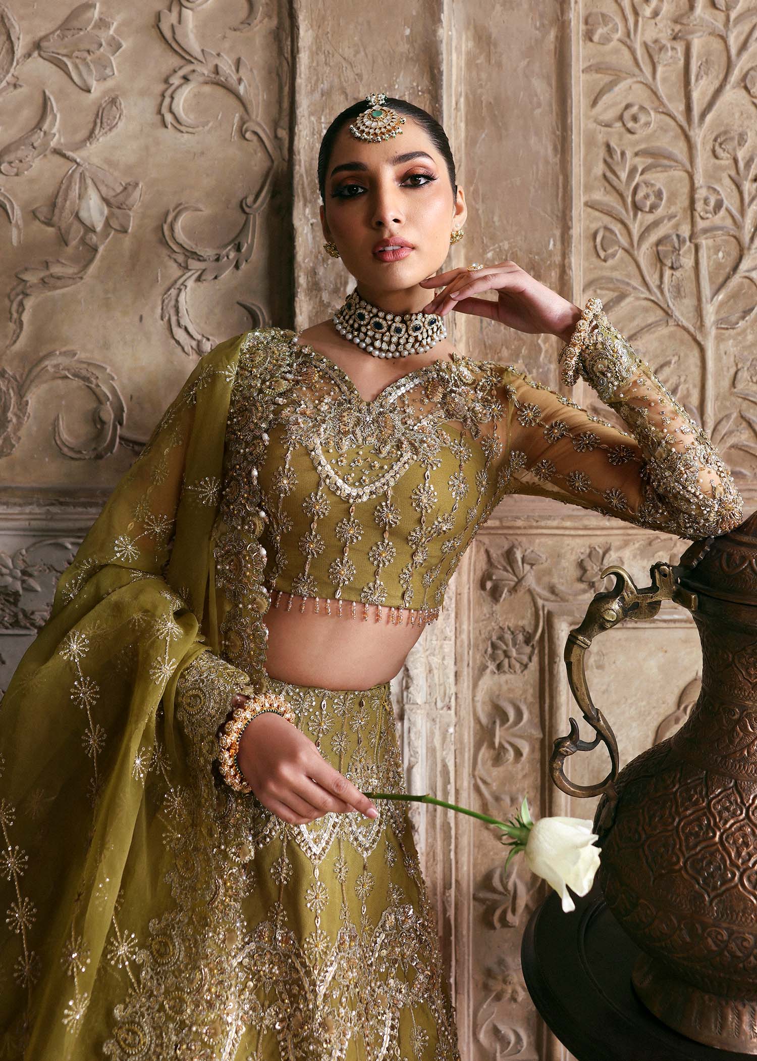 Olive Hand-Embellished Net Organza Bridal Lehenga (3-Piece) - Image 6