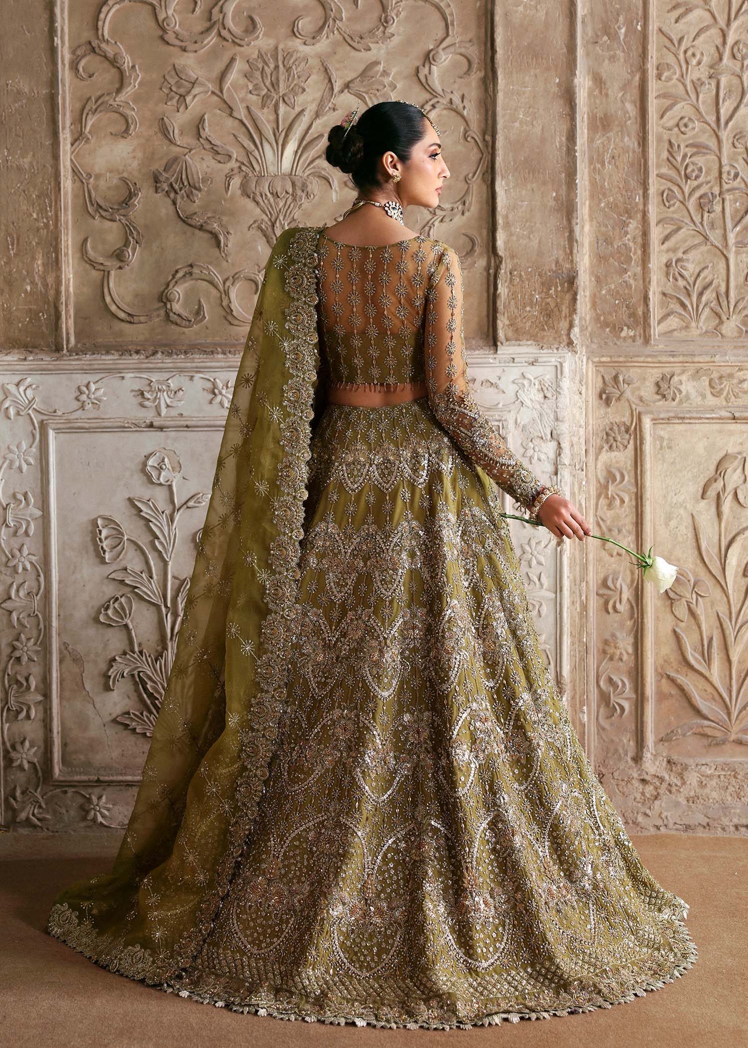 Olive Hand-Embellished Net Organza Bridal Lehenga (3-Piece) - Image 7