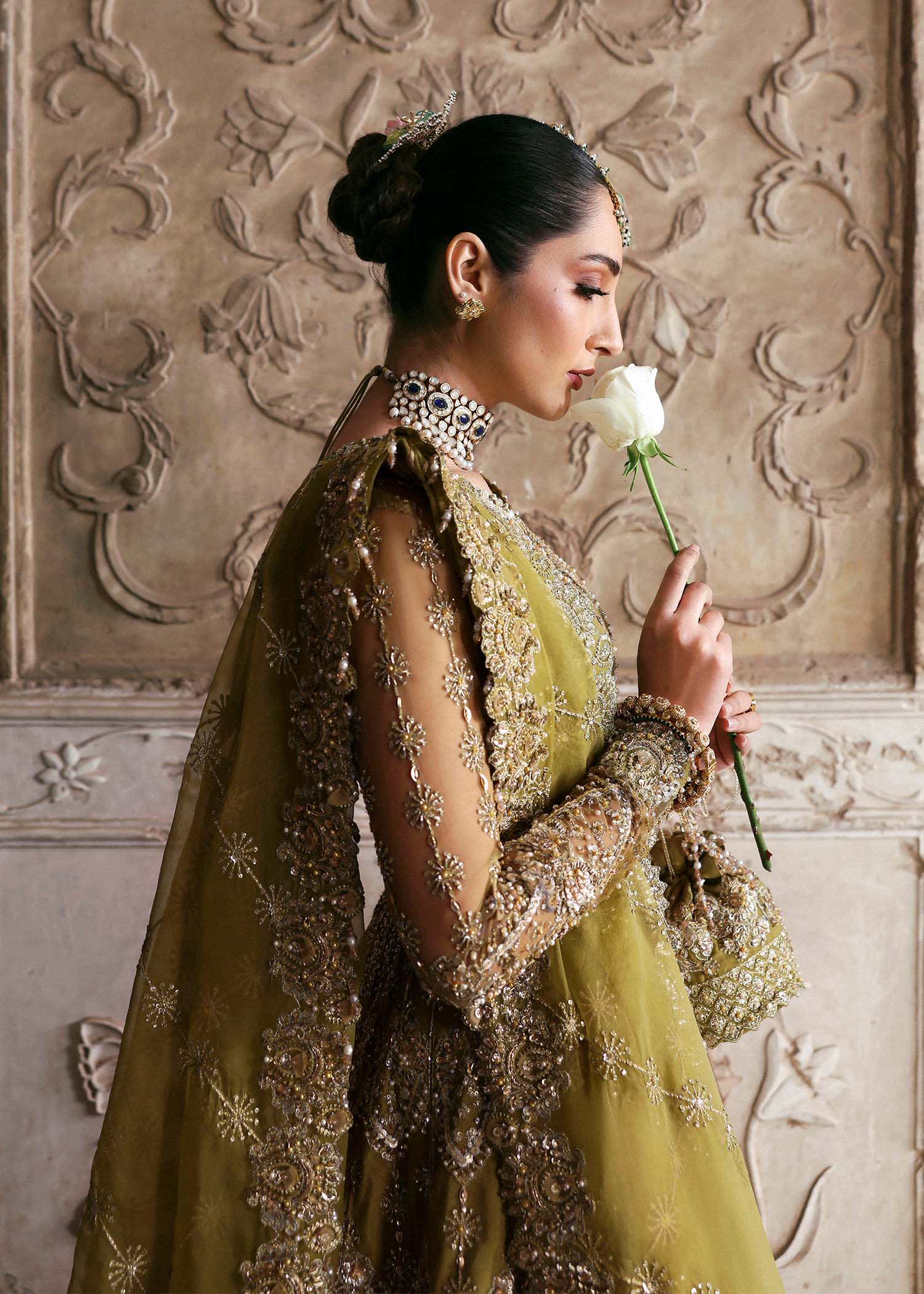 Olive Hand-Embellished Net Organza Bridal Lehenga (3-Piece) - Image 8