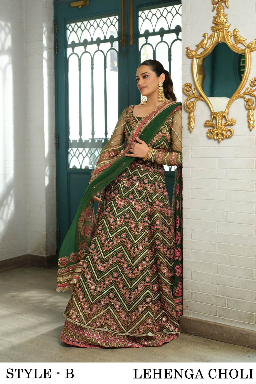 Pakistani Emerald Green Sequined Net Lehenga Choli (3-Piece) - Image 1