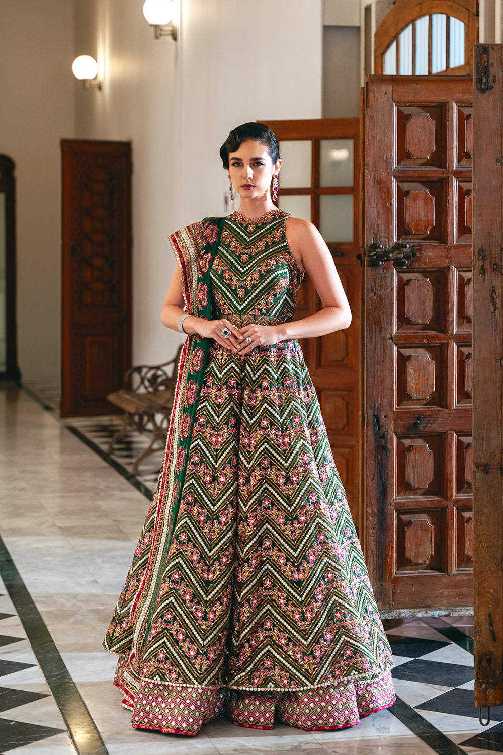 Pakistani Emerald Green Sequined Net Lehenga Choli (3-Piece) - Image 3