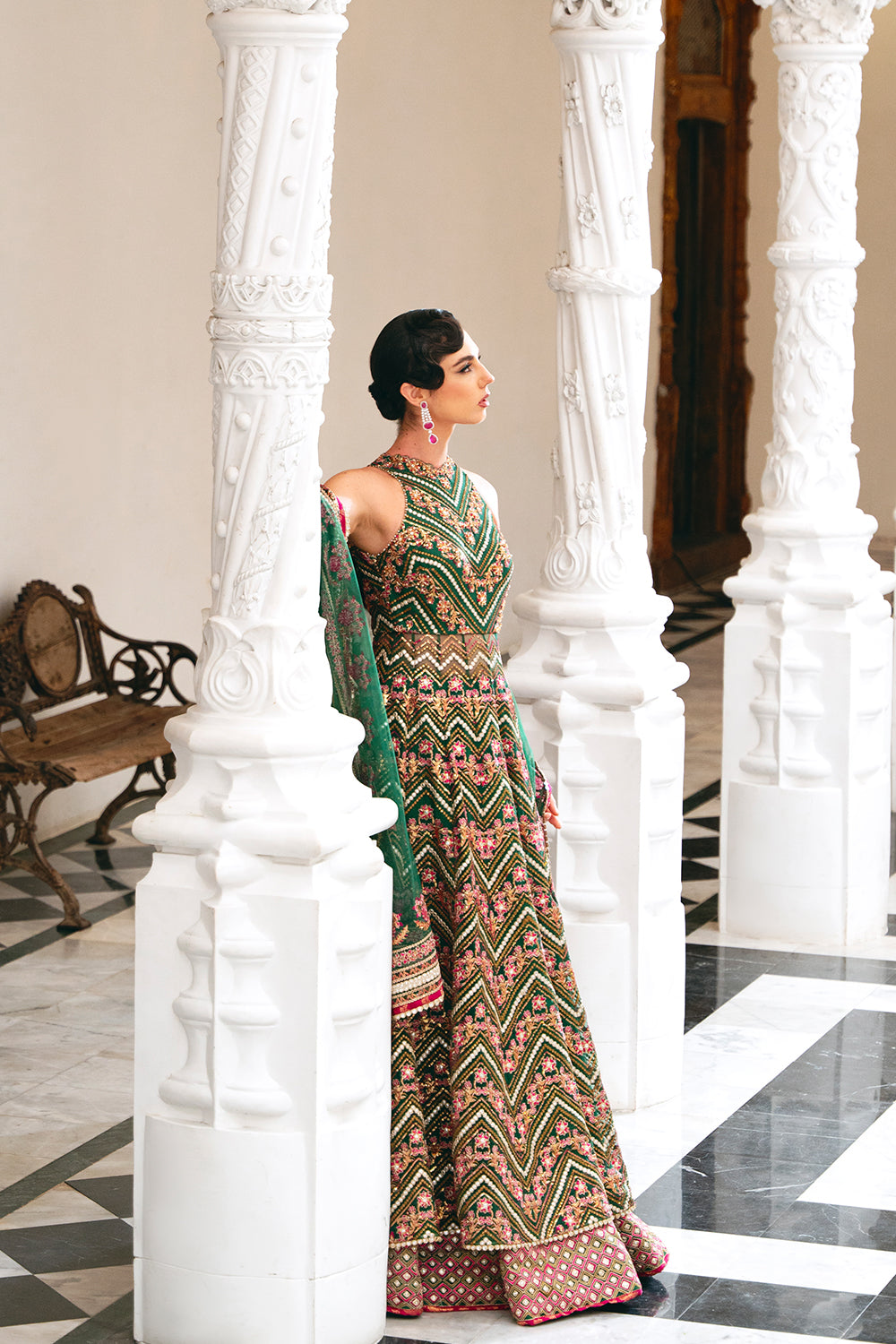 Pakistani Emerald Green Sequined Net Lehenga Choli (3-Piece) - Image 4