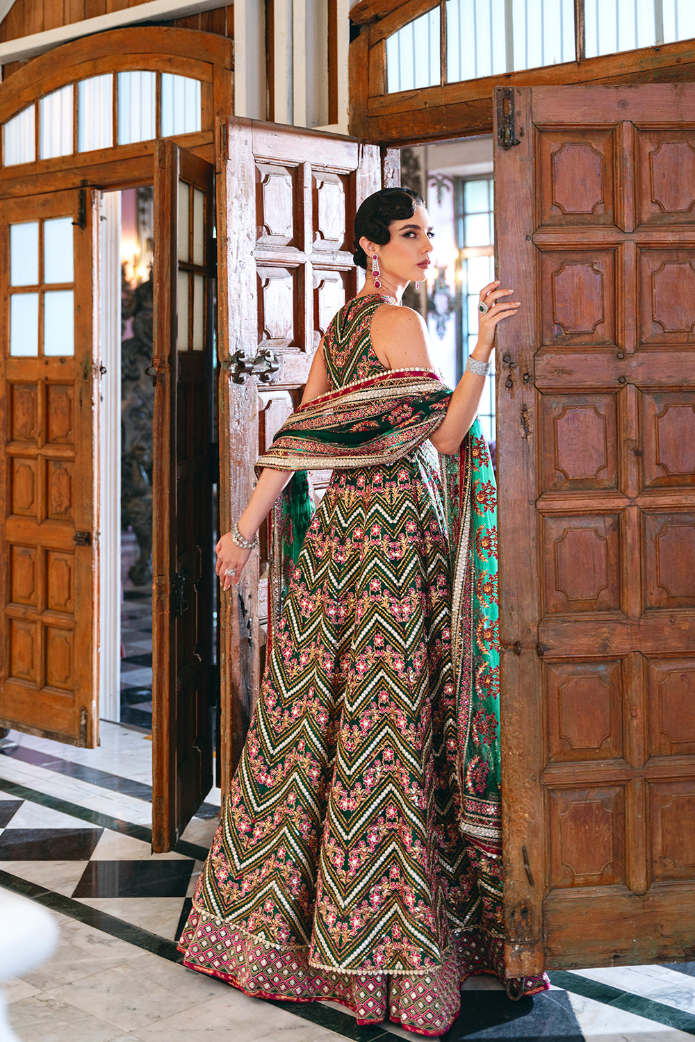 Pakistani Emerald Green Sequined Net Lehenga Choli (3-Piece) - Image 9