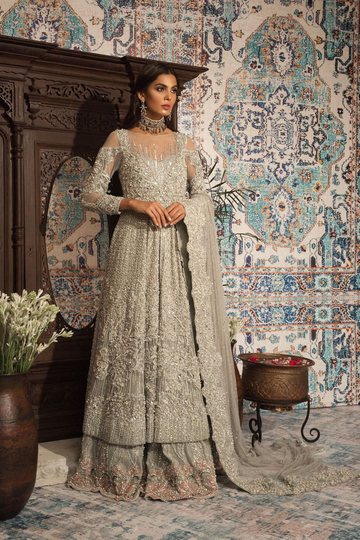 Pale Mint Green Embellished Net Bridal Lehenga (3-Piece) - Image 1