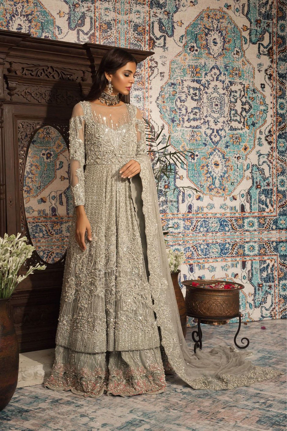 Pale Mint Green Embellished Net Bridal Lehenga (3-Piece) - Image 2