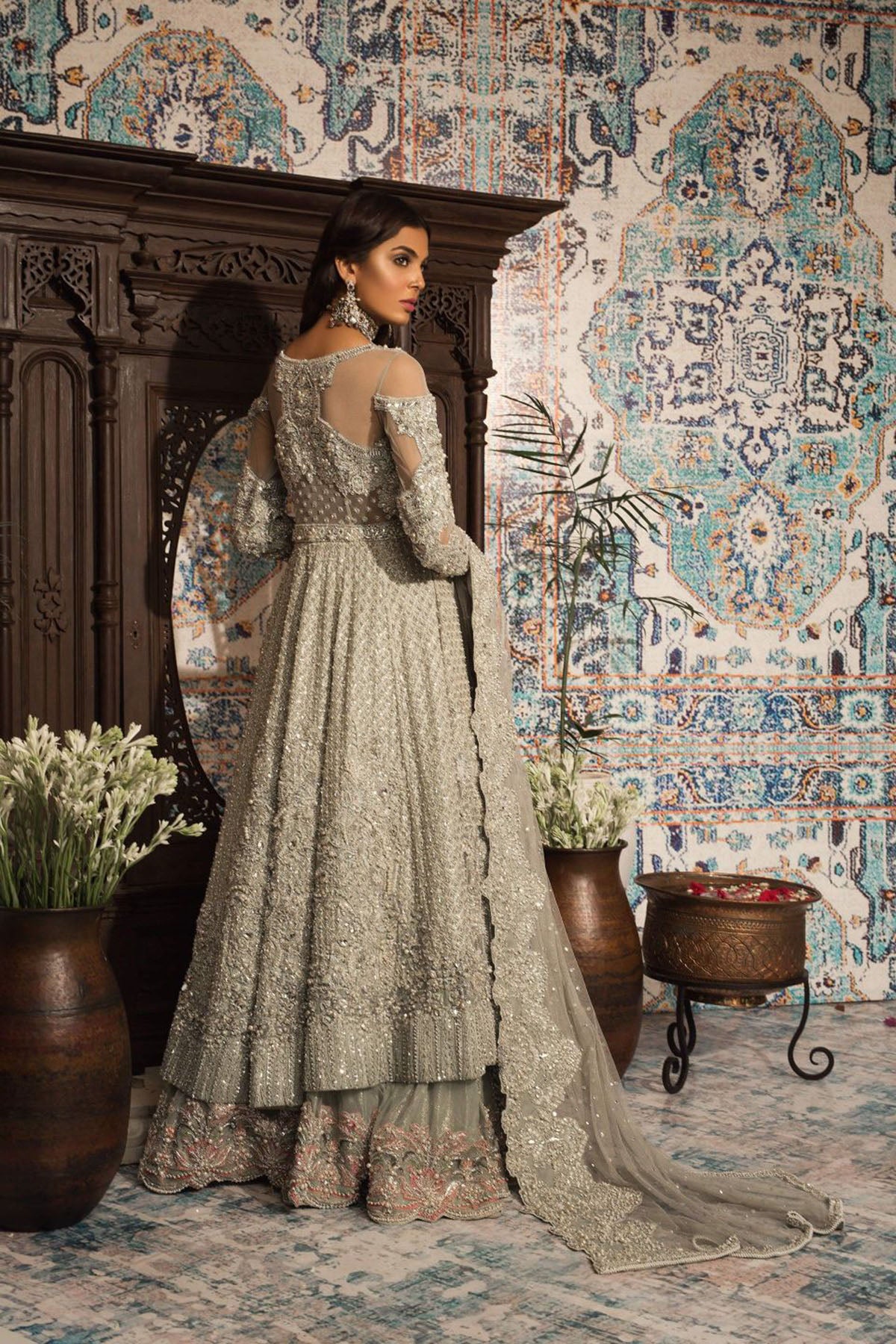 Pale Mint Green Embellished Net Bridal Lehenga (3-Piece) - Image 3