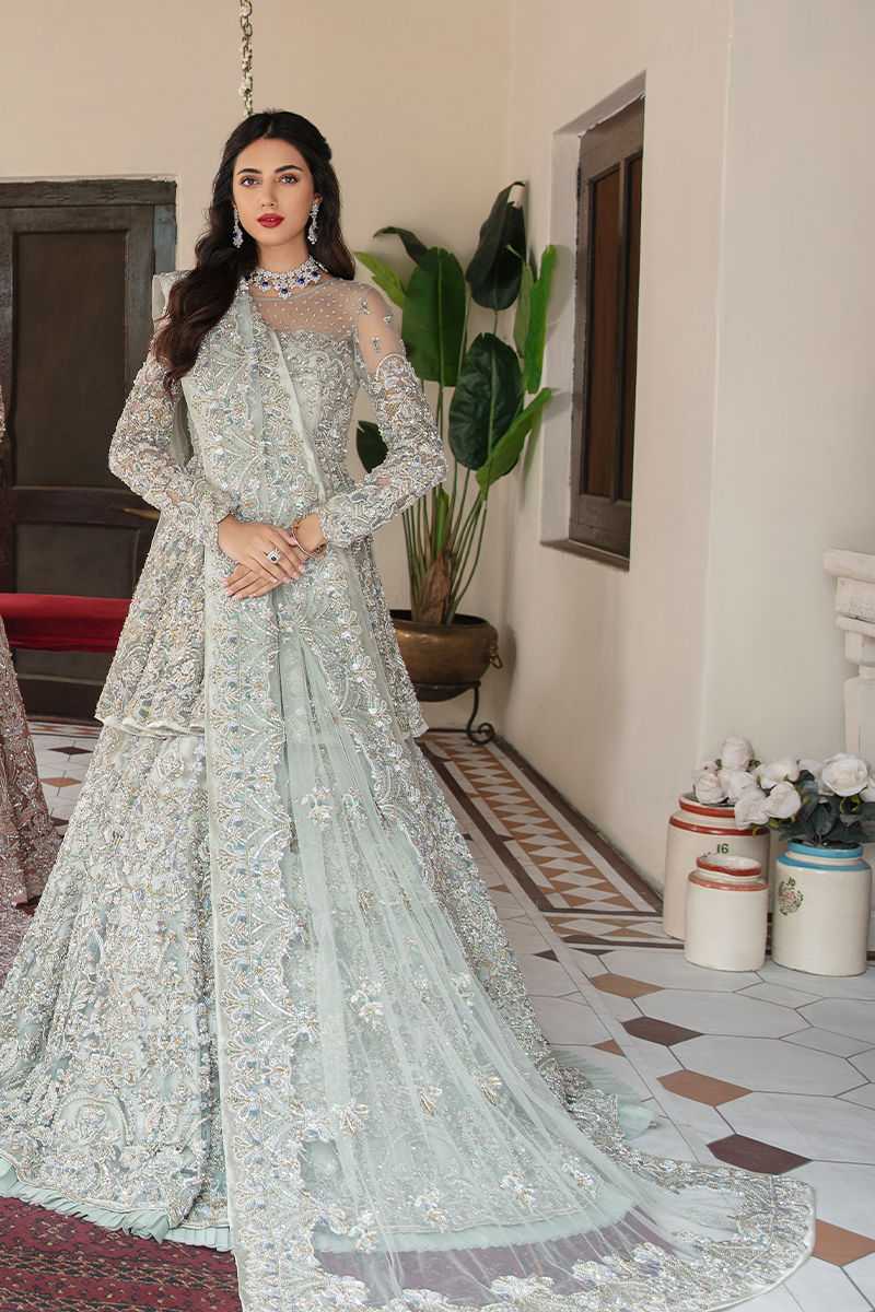 Frost Green Embroidered Net Bridal Lehenga (3-Piece) - Image 1