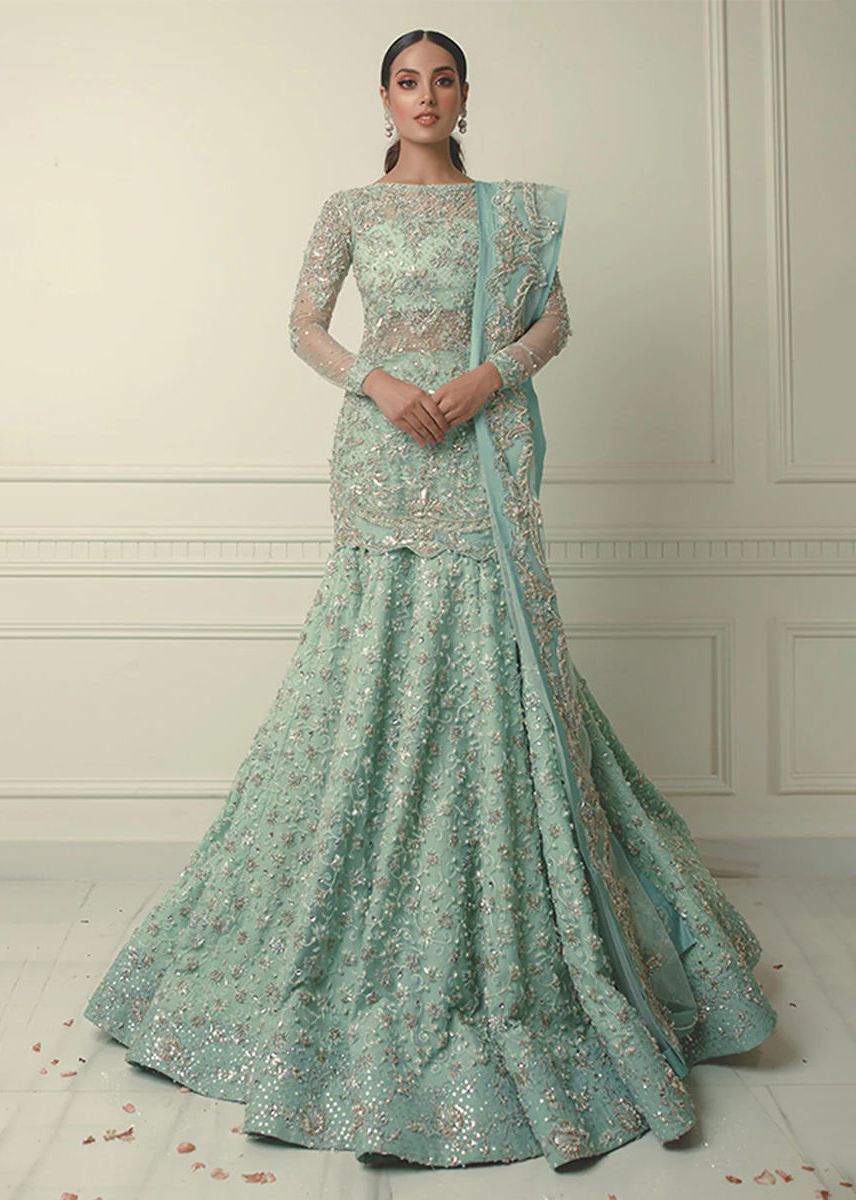 Indian Mint Green Embroidered Net Mermaid Lehenga (3-Piece) - Image 2