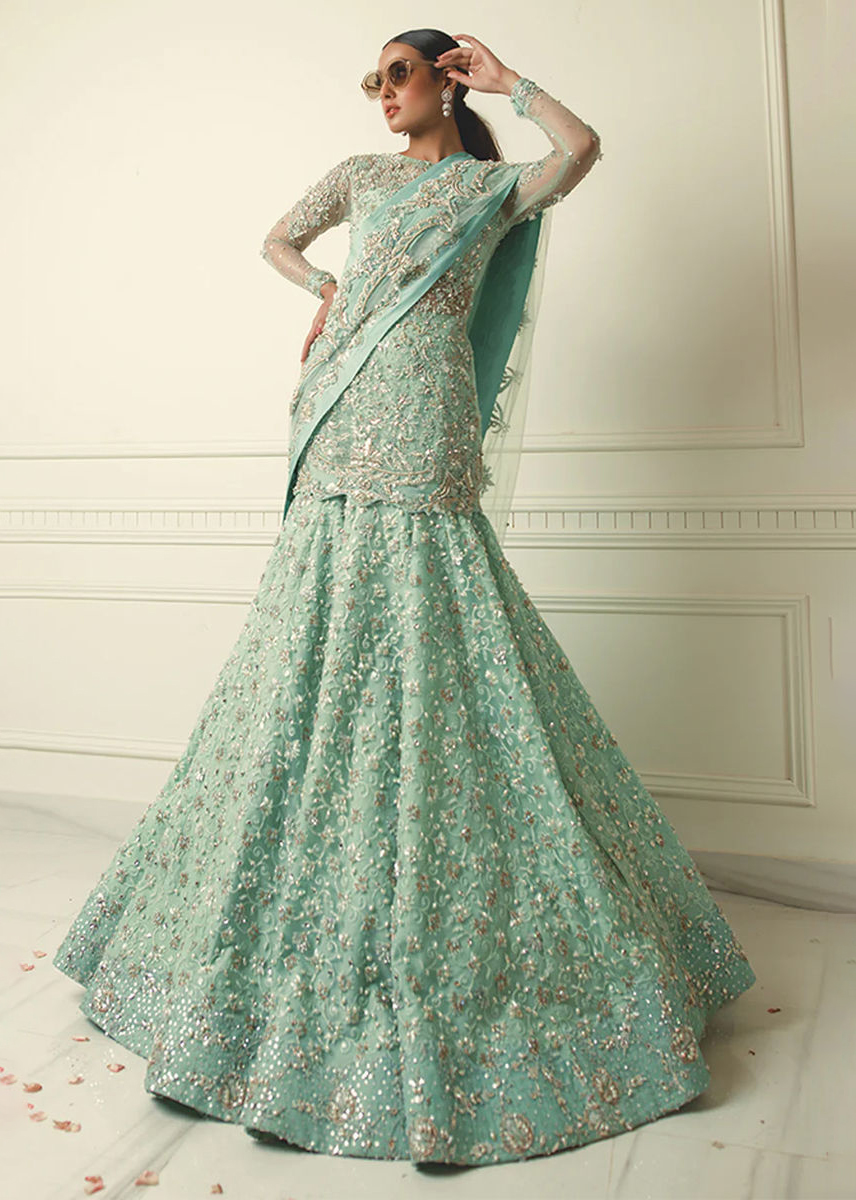 Indian Mint Green Embroidered Net Mermaid Lehenga (3-Piece) - Image 4