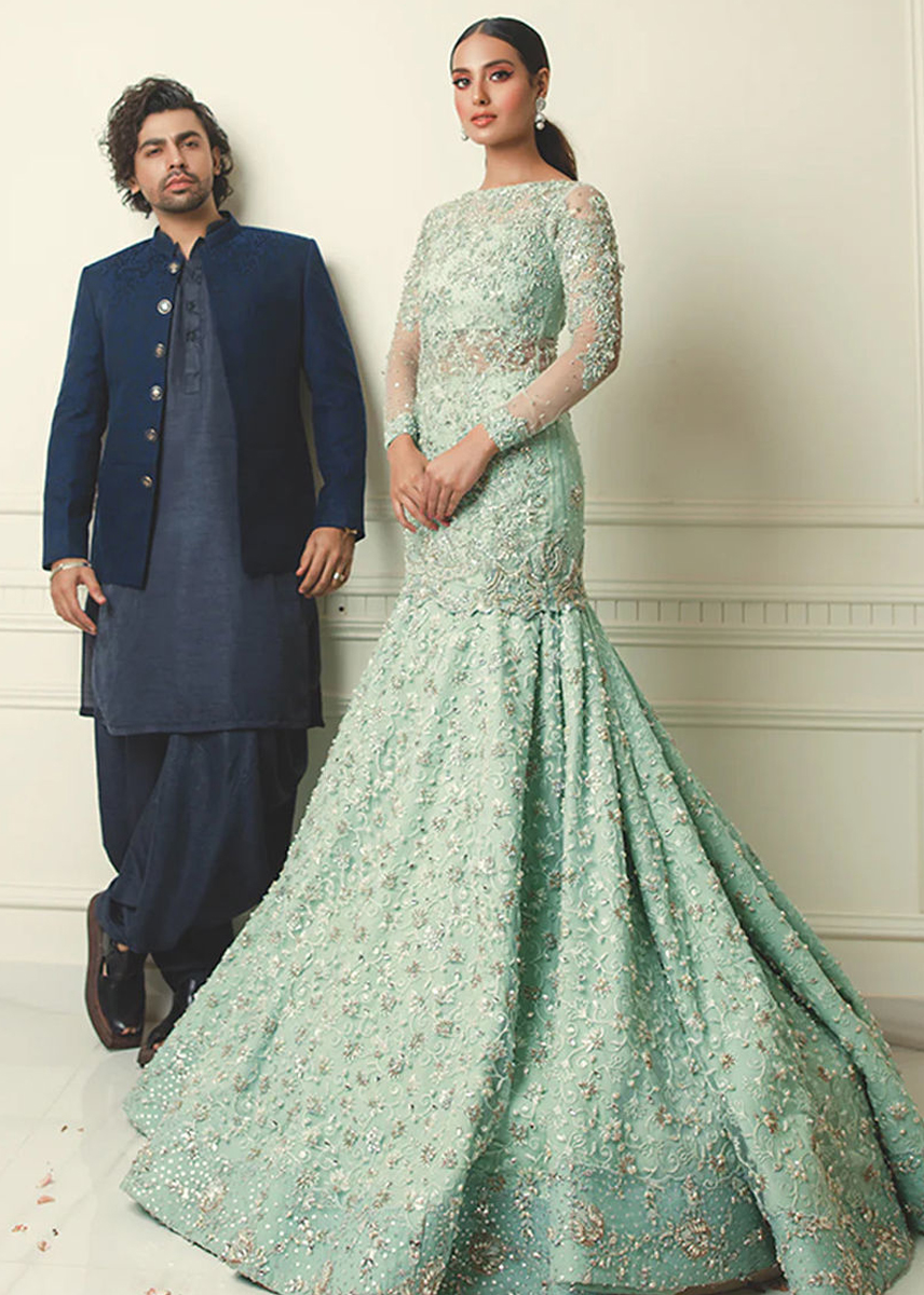 Indian Mint Green Embroidered Net Mermaid Lehenga (3-Piece) - Image 5