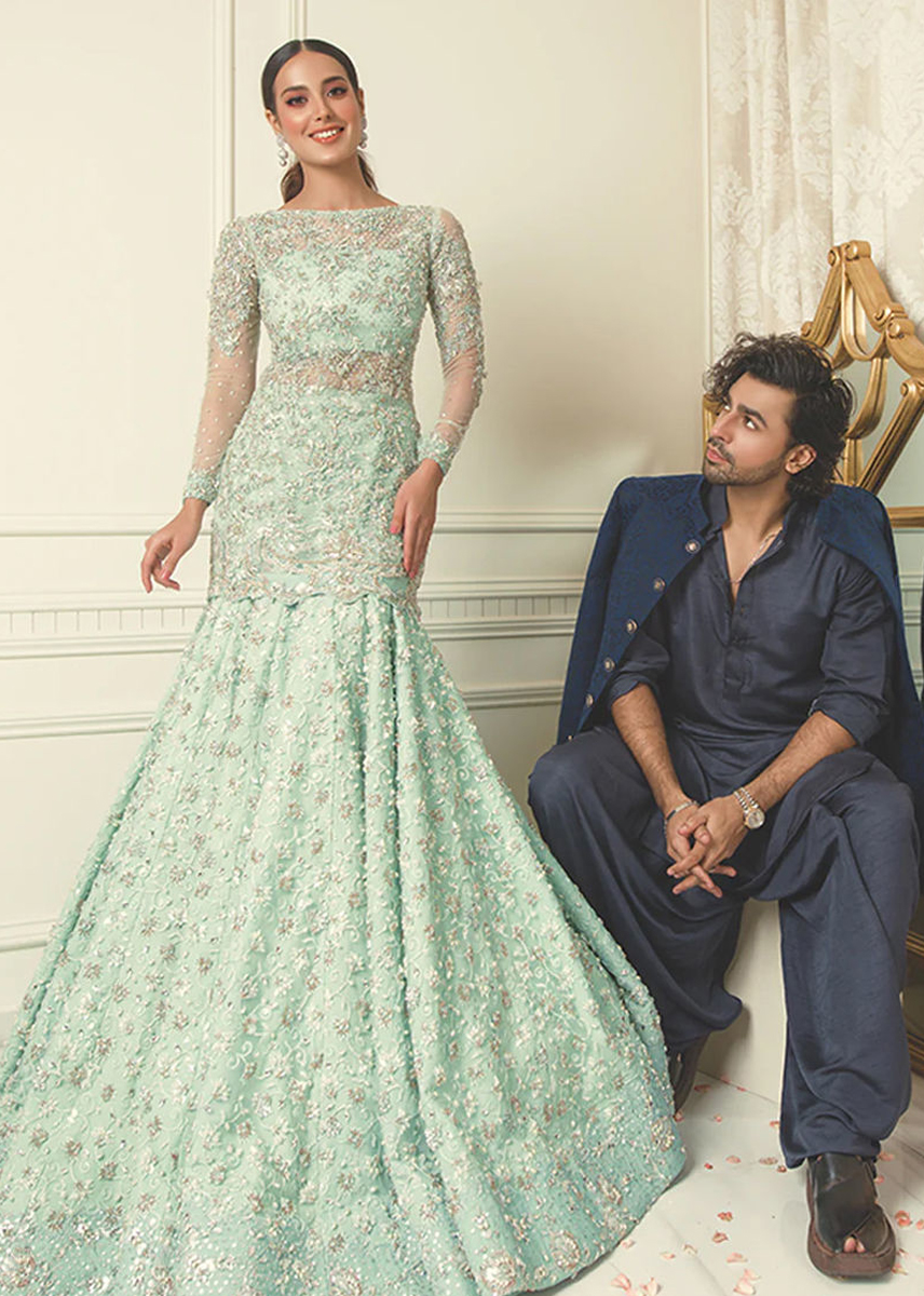 Indian Mint Green Embroidered Net Mermaid Lehenga (3-Piece) - Image 6