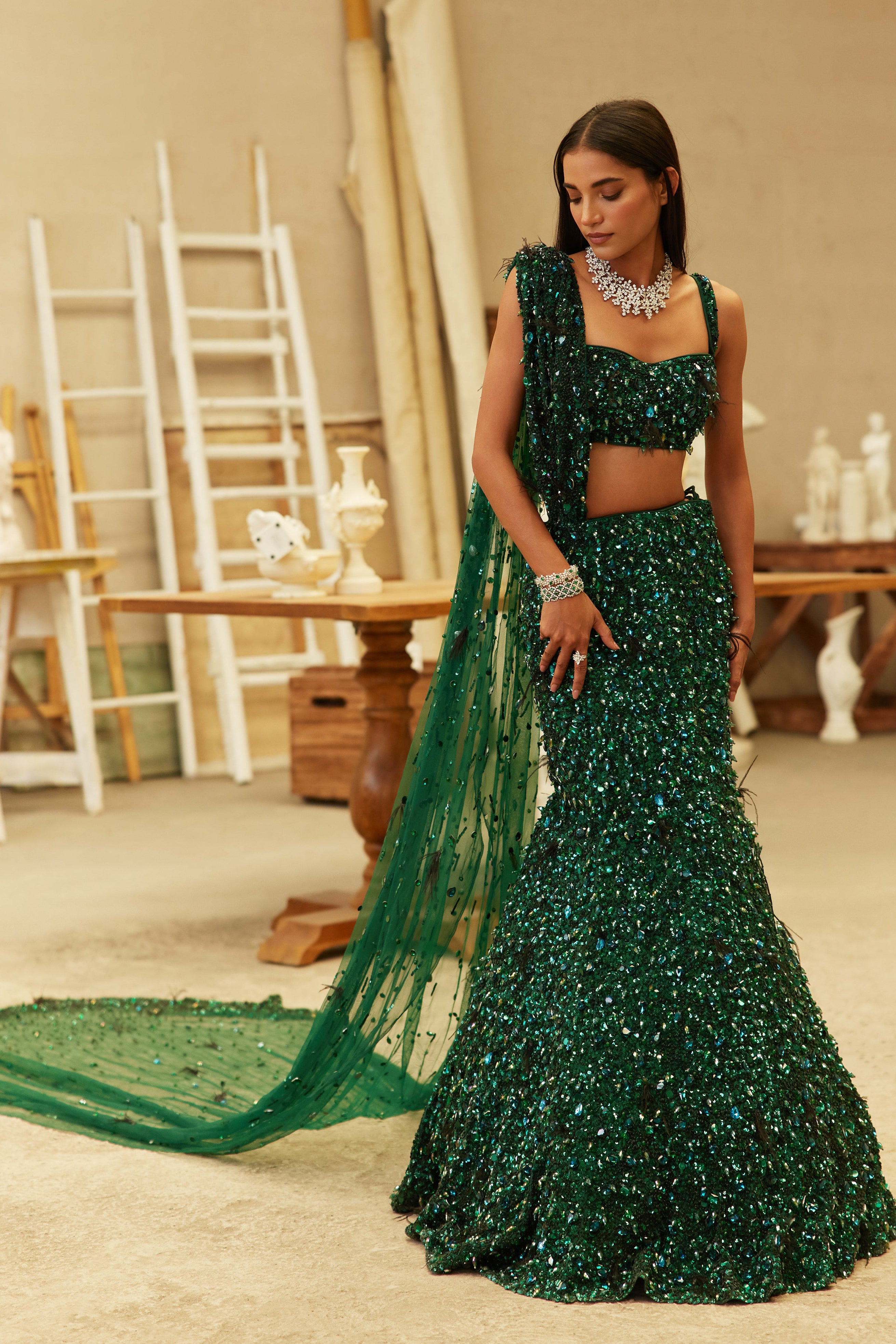 Jewel Green Hand-Embroidered Net Mermaid Lehenga (3-Piece) - Image 1