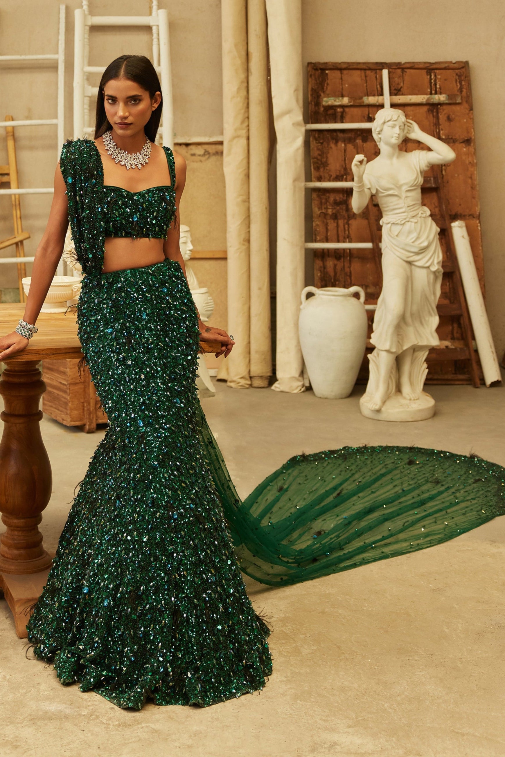 Jewel Green Hand-Embroidered Net Mermaid Lehenga (3-Piece) - Image 2