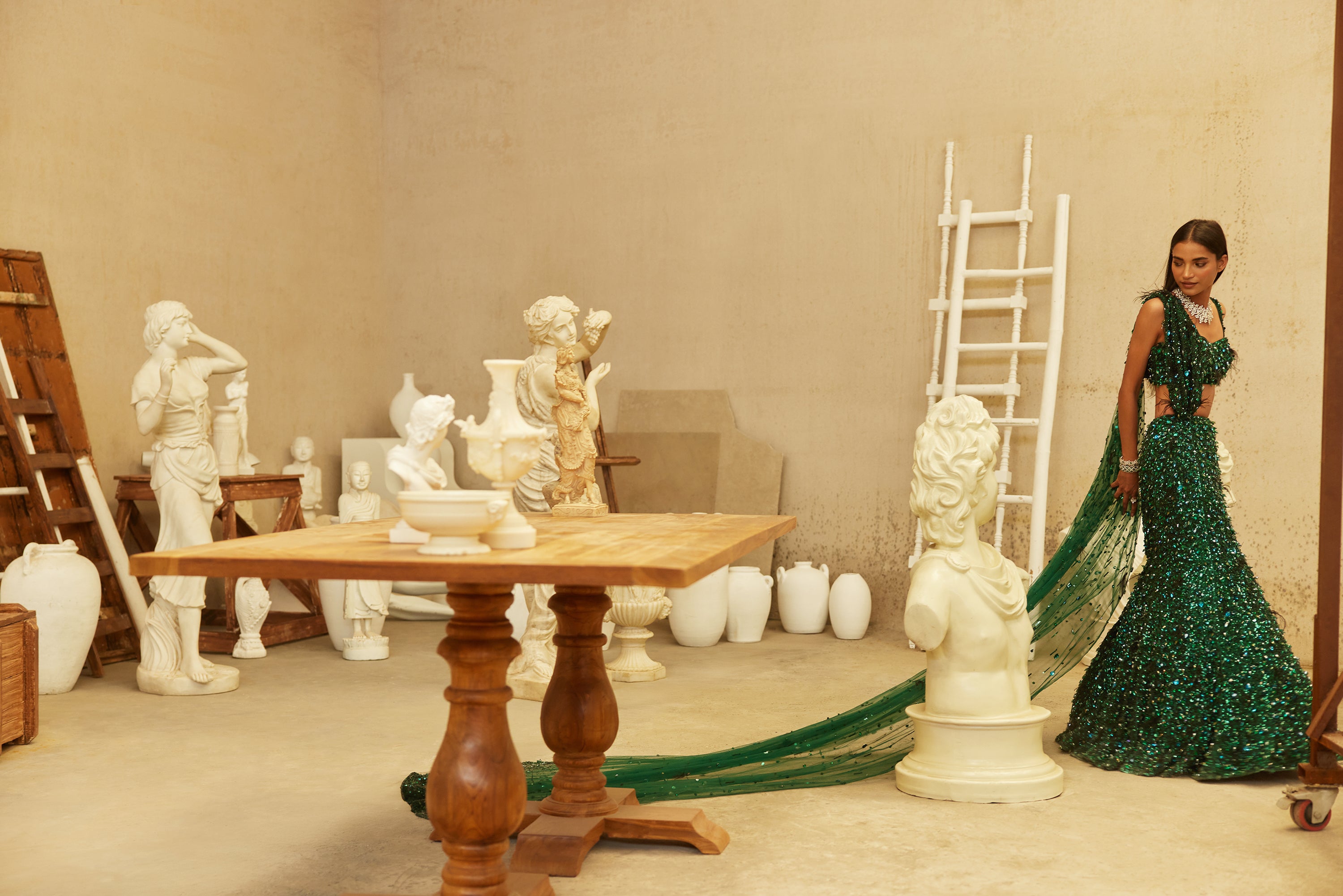 Jewel Green Hand-Embroidered Net Mermaid Lehenga (3-Piece) - Image 3