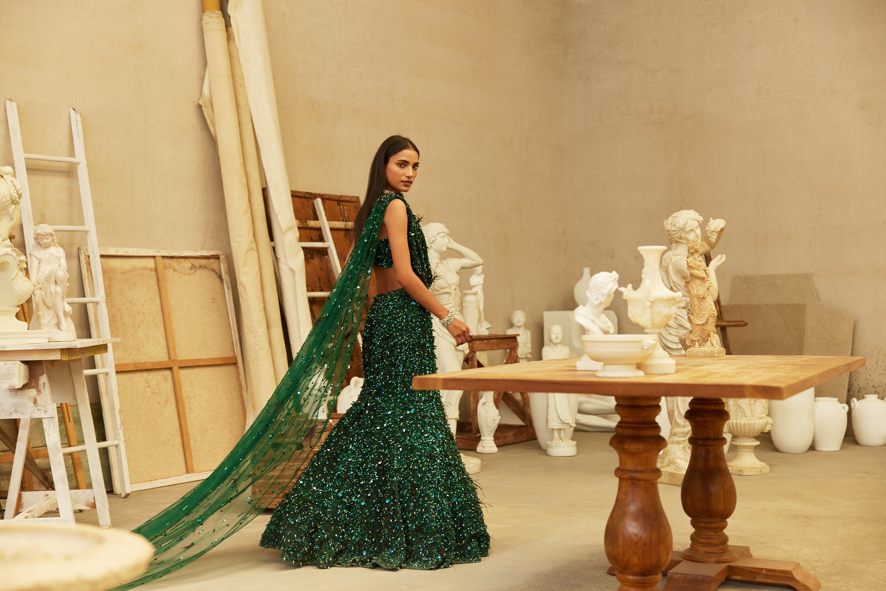Jewel Green Hand-Embroidered Net Mermaid Lehenga (3-Piece) - Image 4