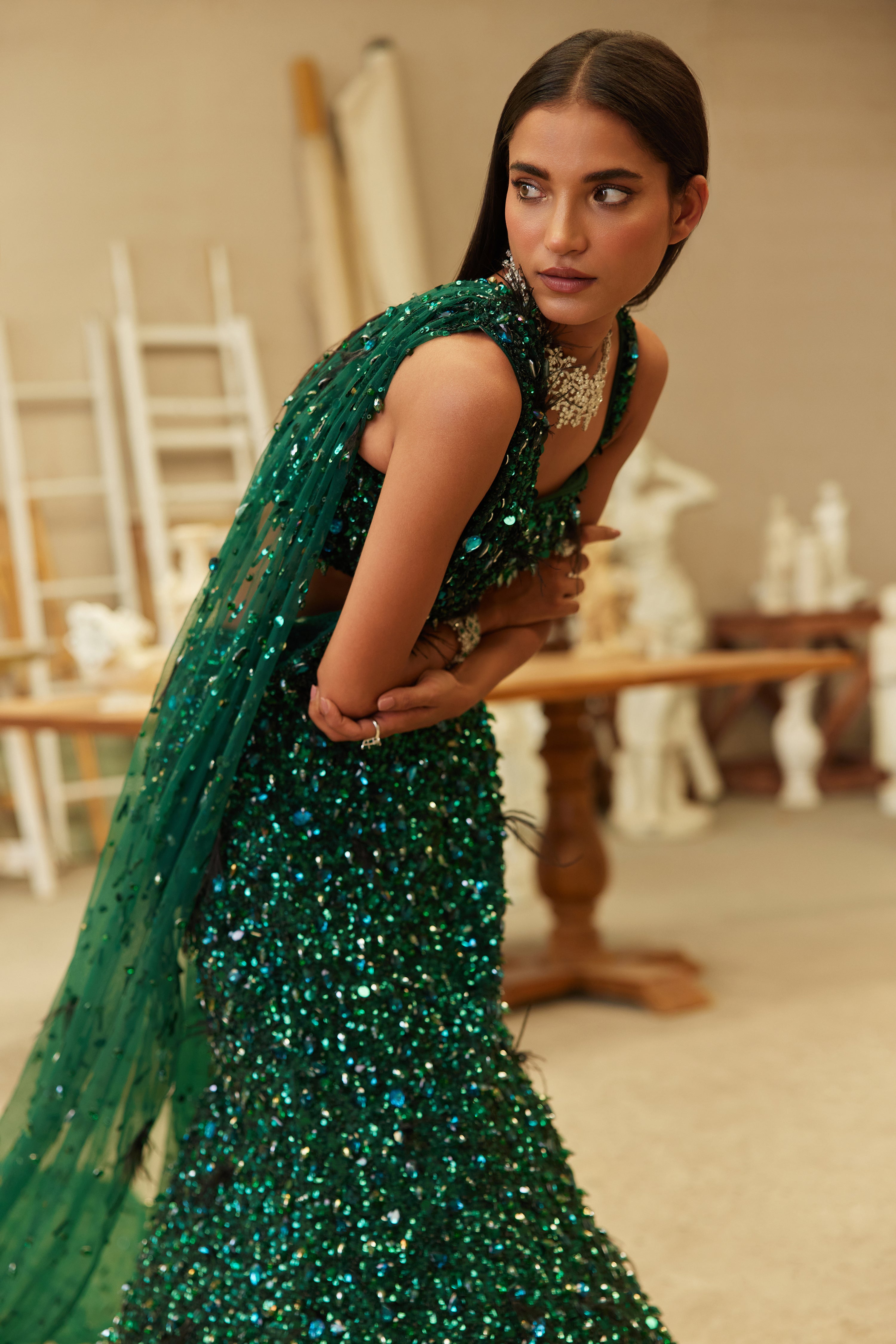 Jewel Green Hand-Embroidered Net Mermaid Lehenga (3-Piece) - Image 7