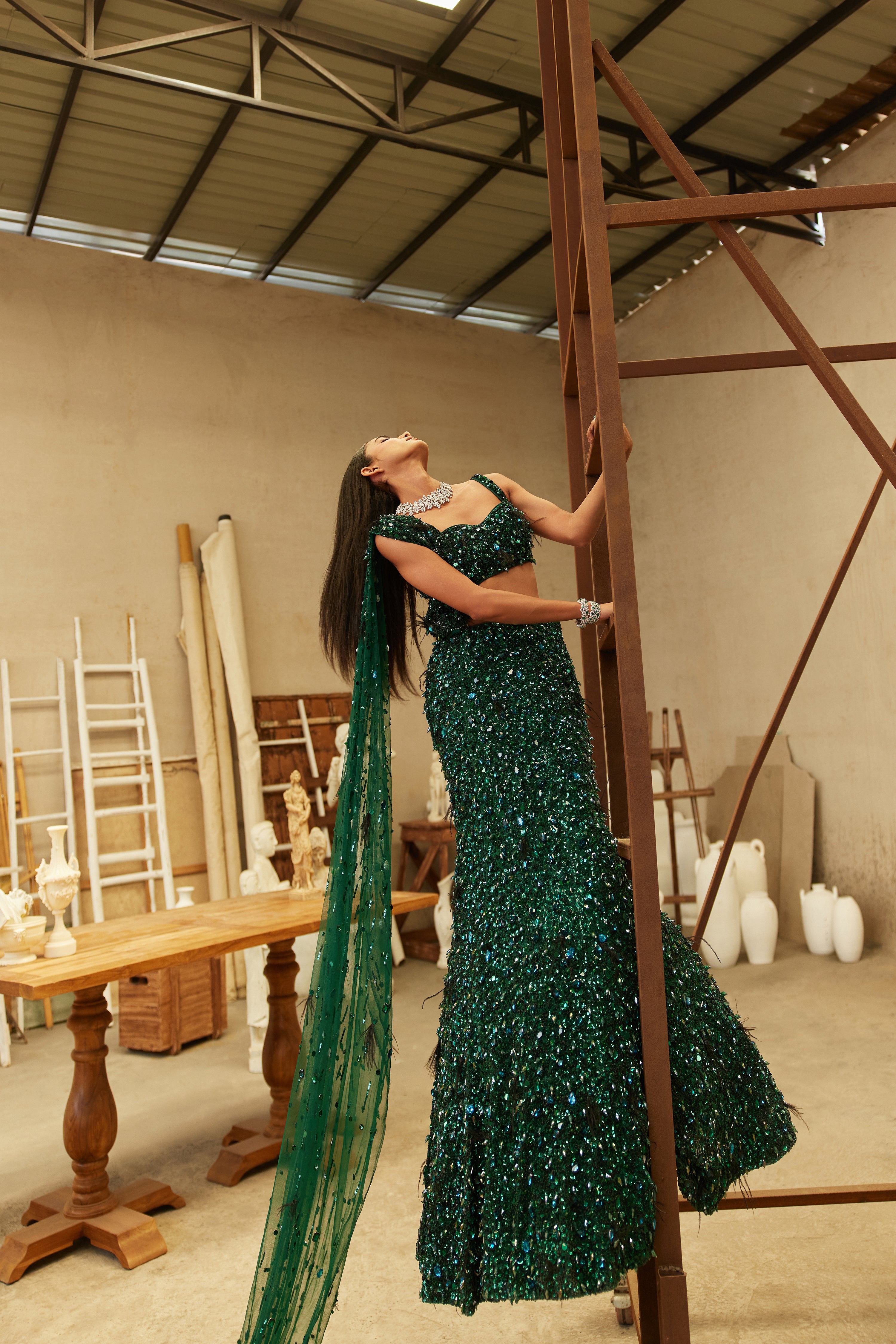 Jewel Green Hand-Embroidered Net Mermaid Lehenga (3-Piece) - Image 8