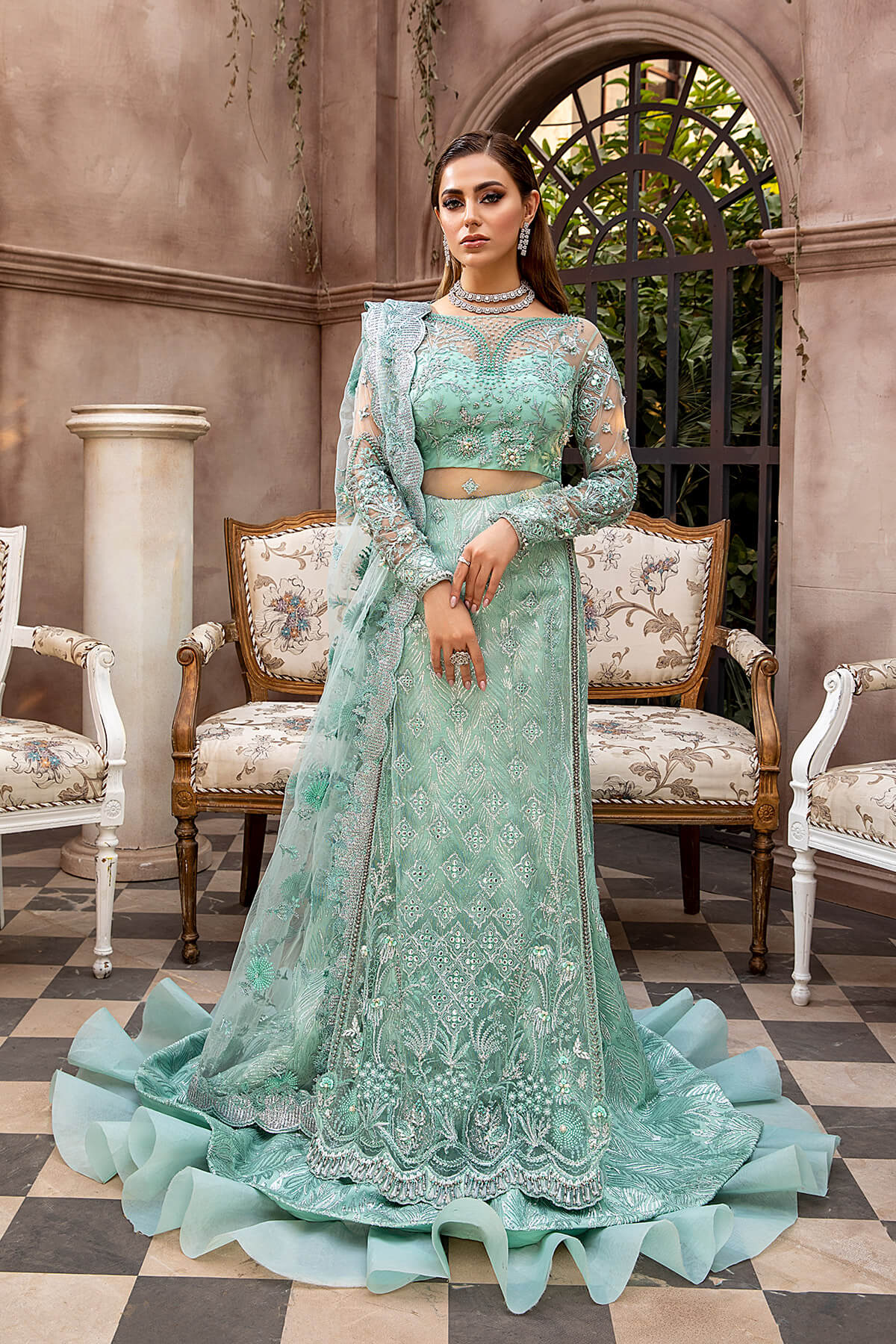 Seafoam Embellished Net Silk Lehenga Set (3-Piece) - Image 1