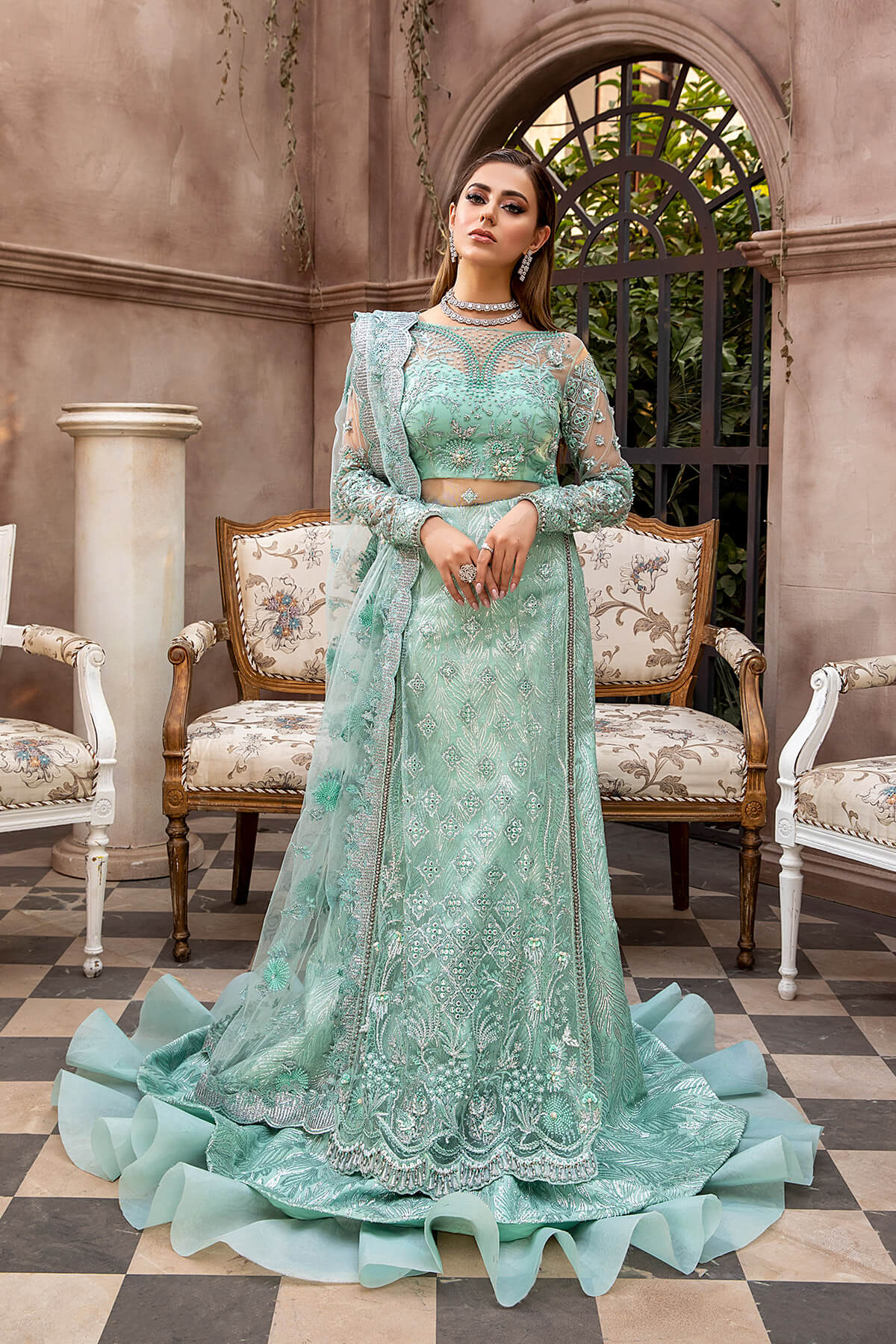 Seafoam Embellished Net Silk Lehenga Set (3-Piece) - Image 2