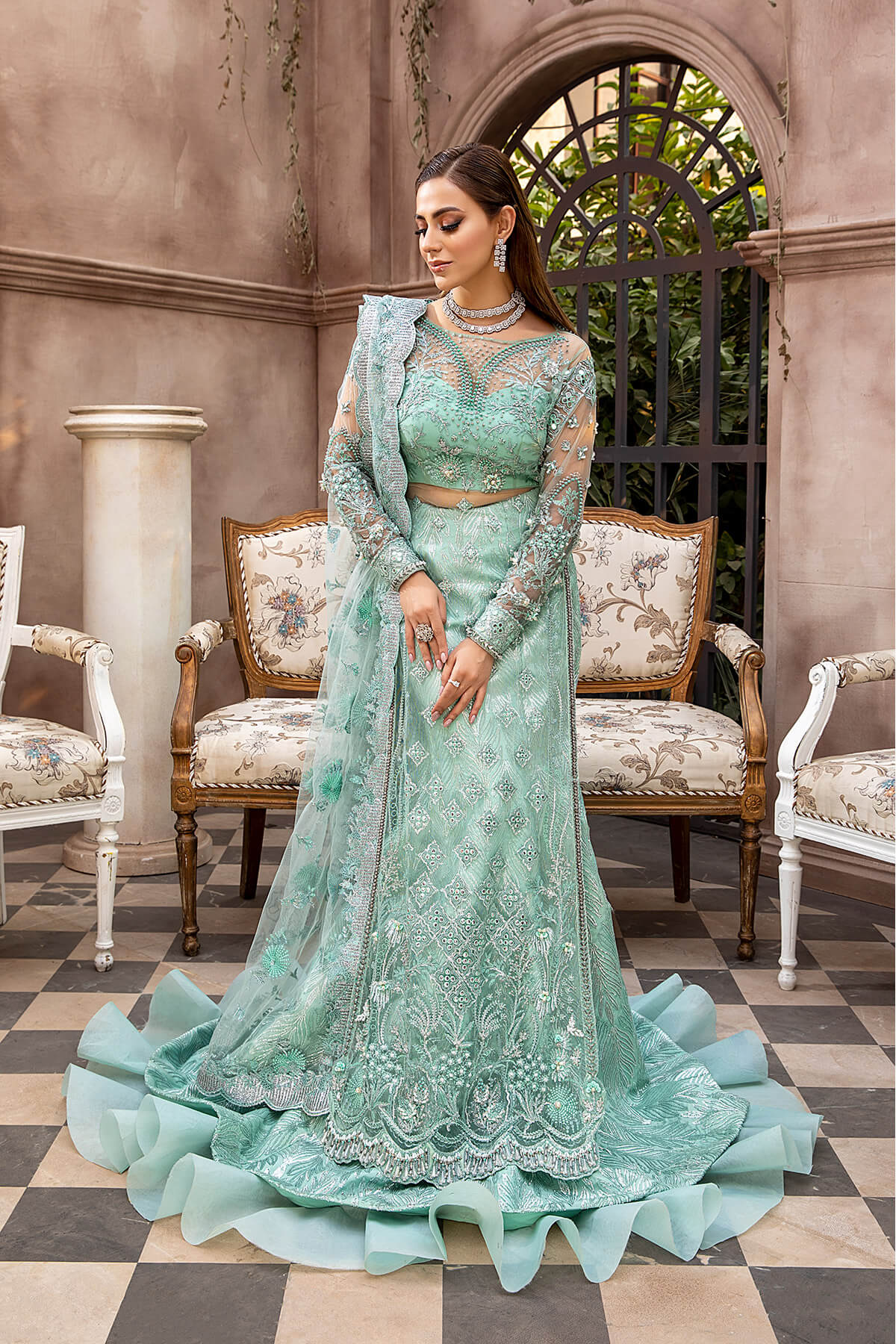 Seafoam Embellished Net Silk Lehenga Set (3-Piece) - Image 3