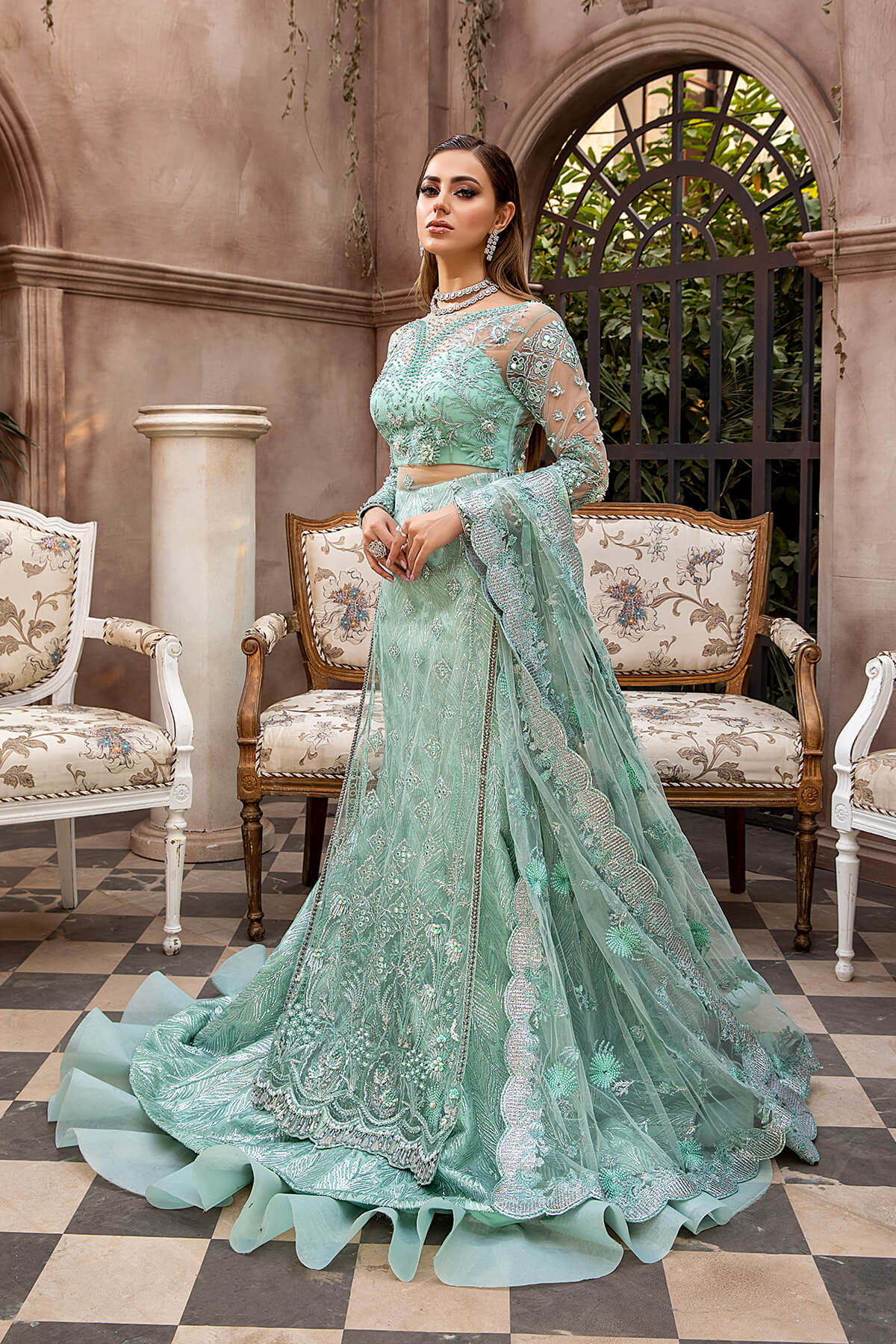 Seafoam Embellished Net Silk Lehenga Set (3-Piece) - Image 4