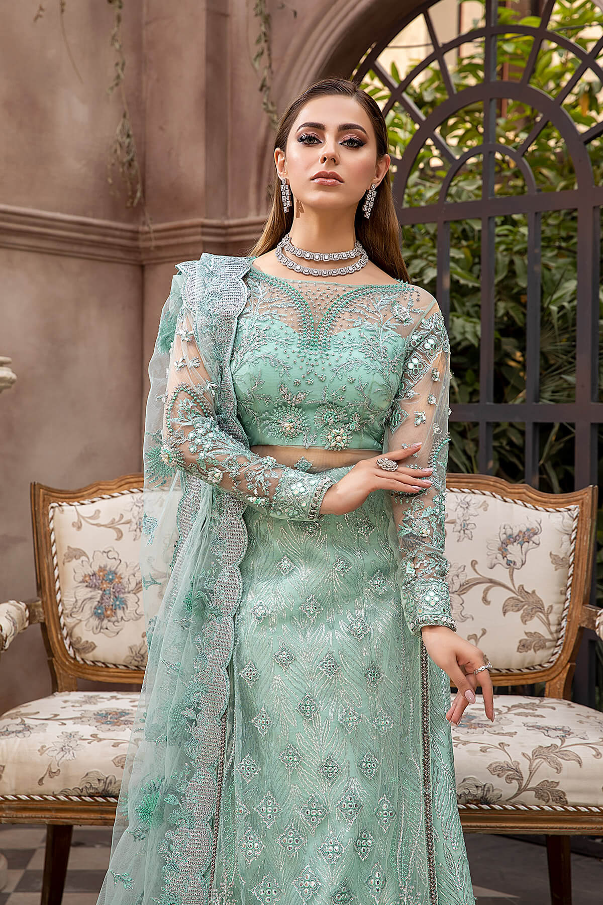 Seafoam Embellished Net Silk Lehenga Set (3-Piece) - Image 5