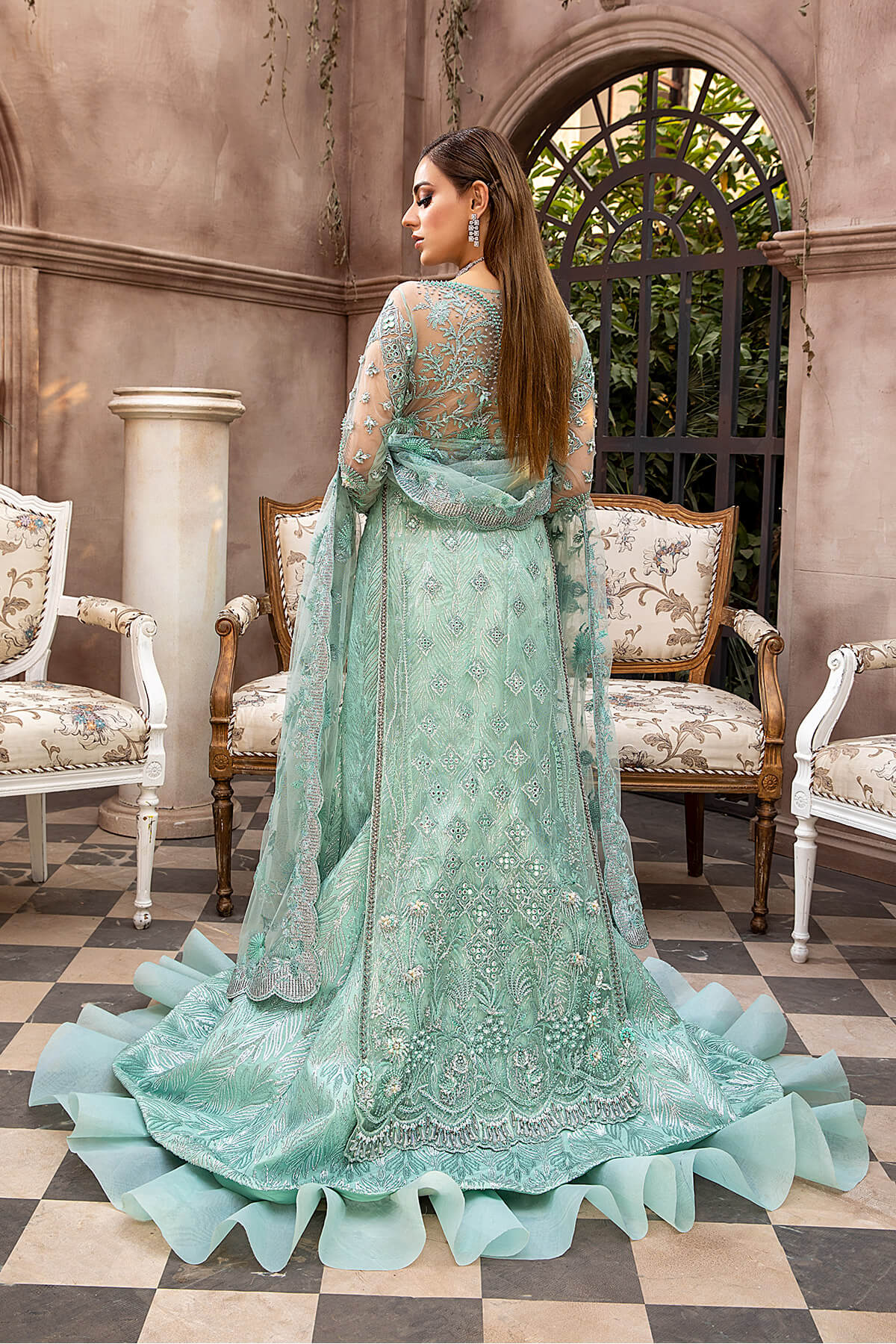 Seafoam Embellished Net Silk Lehenga Set (3-Piece) - Image 6