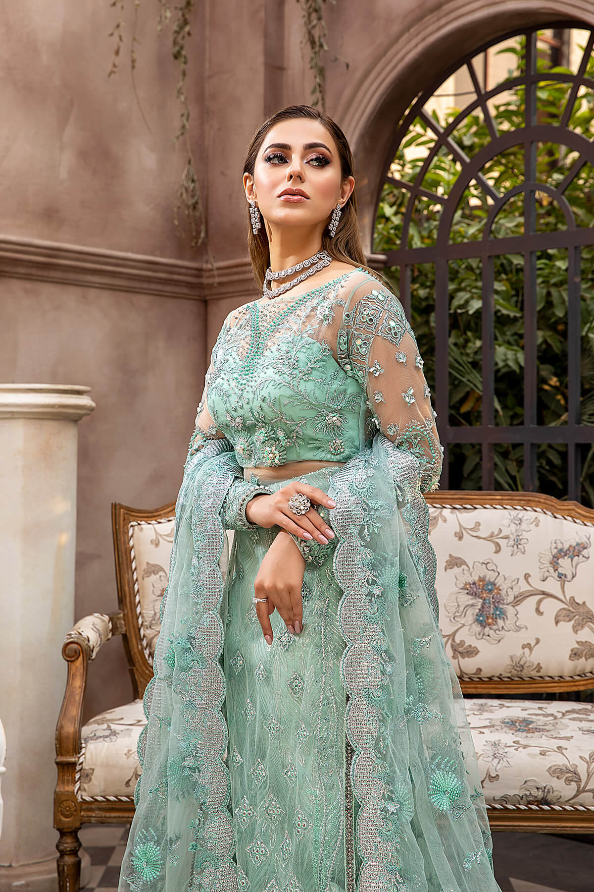 Seafoam Embellished Net Silk Lehenga Set (3-Piece) - Image 7