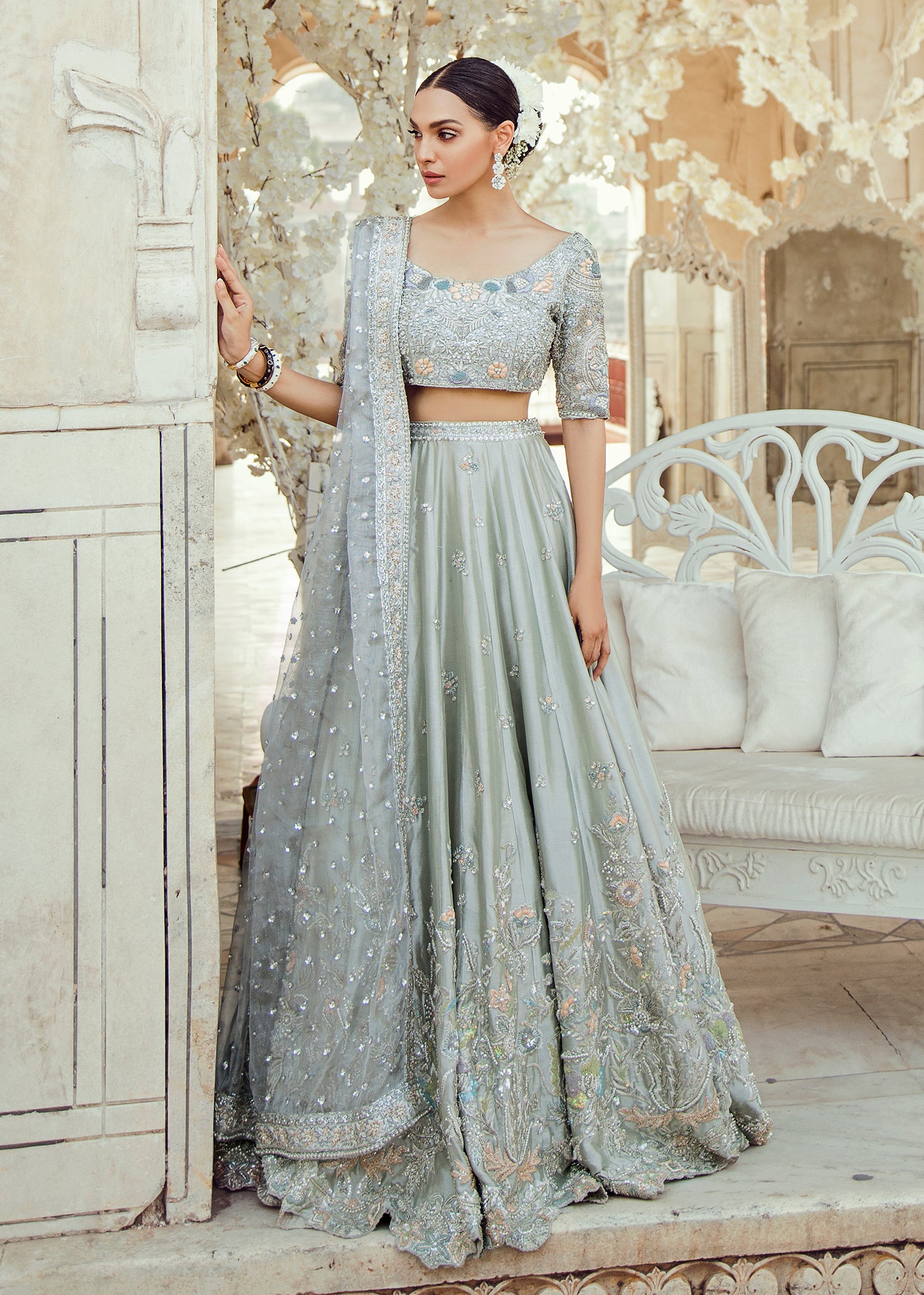 Pistachio Grey Embellished Net Silk Lehenga Choli (3-Piece) - Image 2