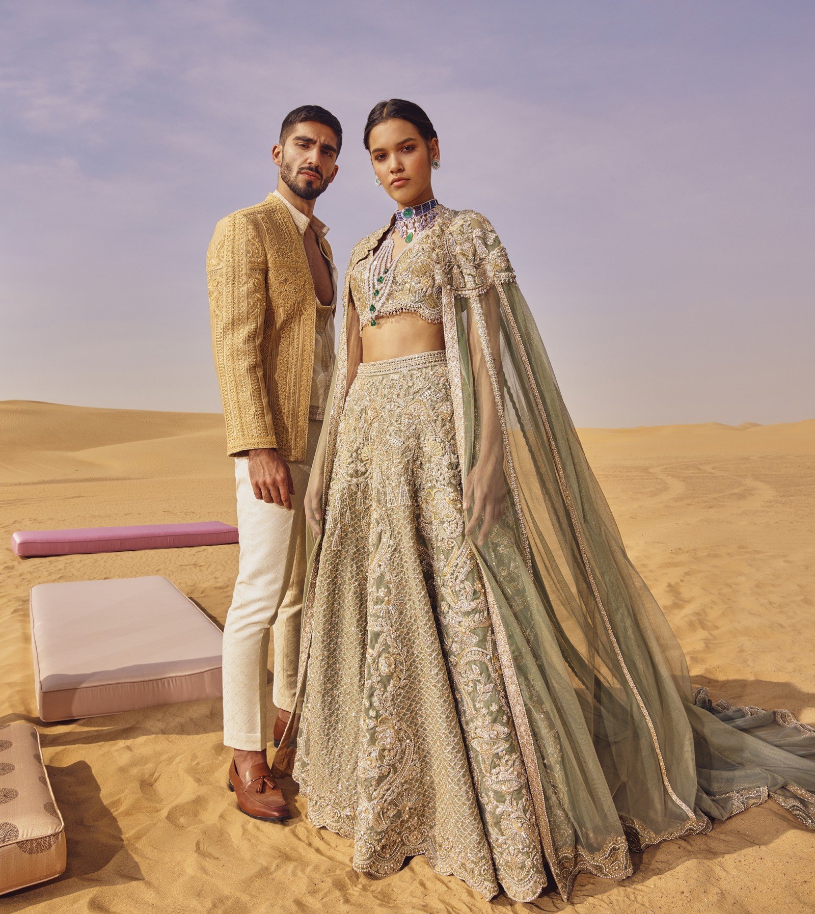 Pakistani Sage Green Embroidered Net Lehenga Dress (3-Piece) - Image 1