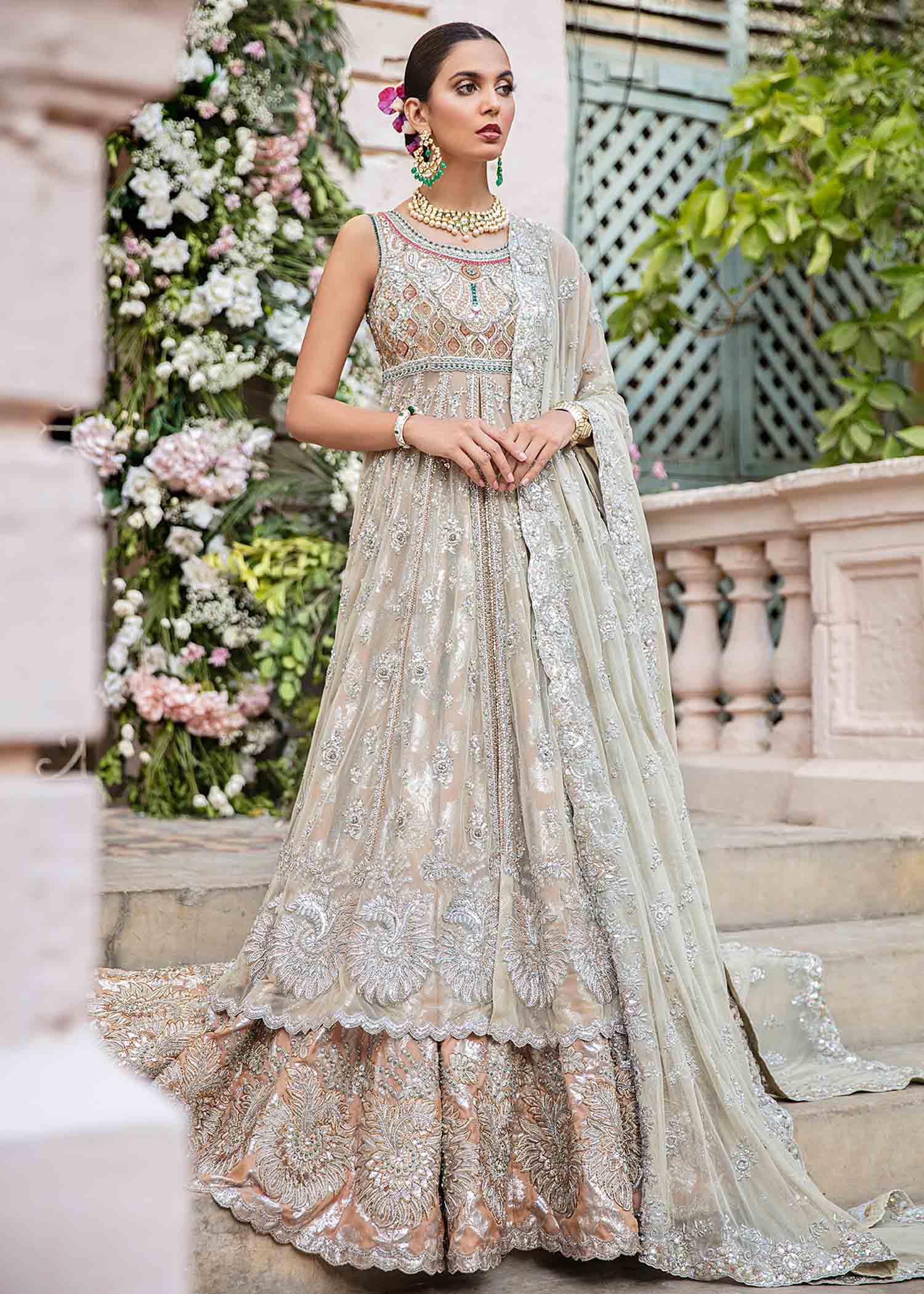 Pale Sage Silver Embroidered Net Bridal Lehenga (3-Piece) - Image 1