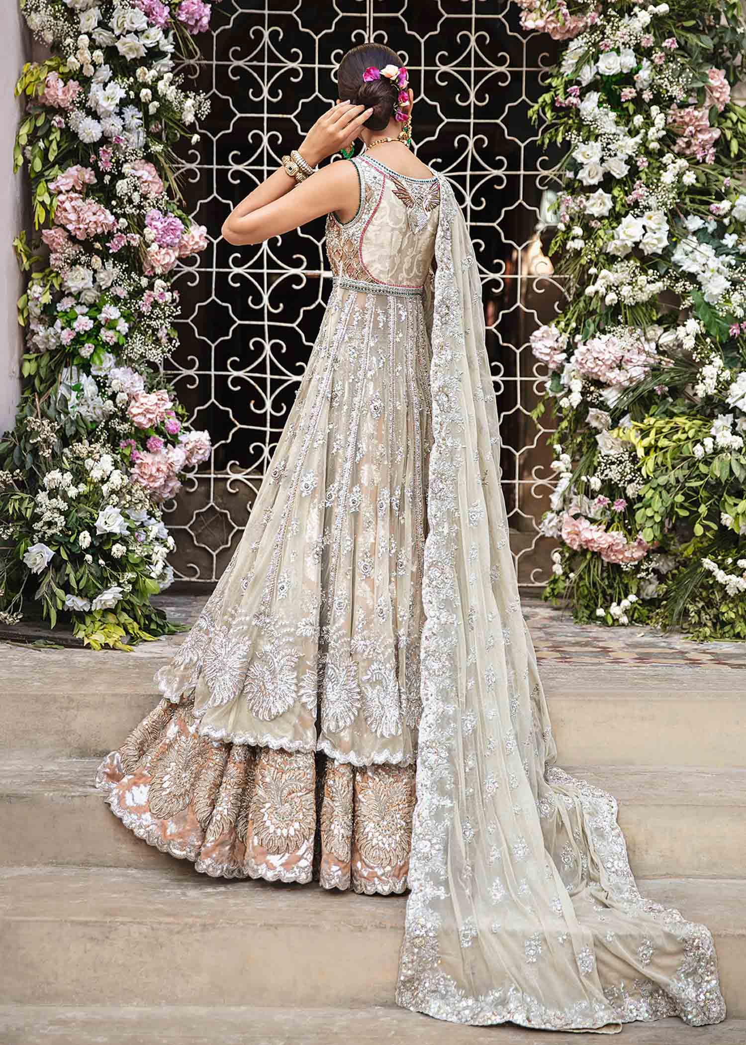 Pale Sage Silver Embroidered Net Bridal Lehenga (3-Piece) - Image 2