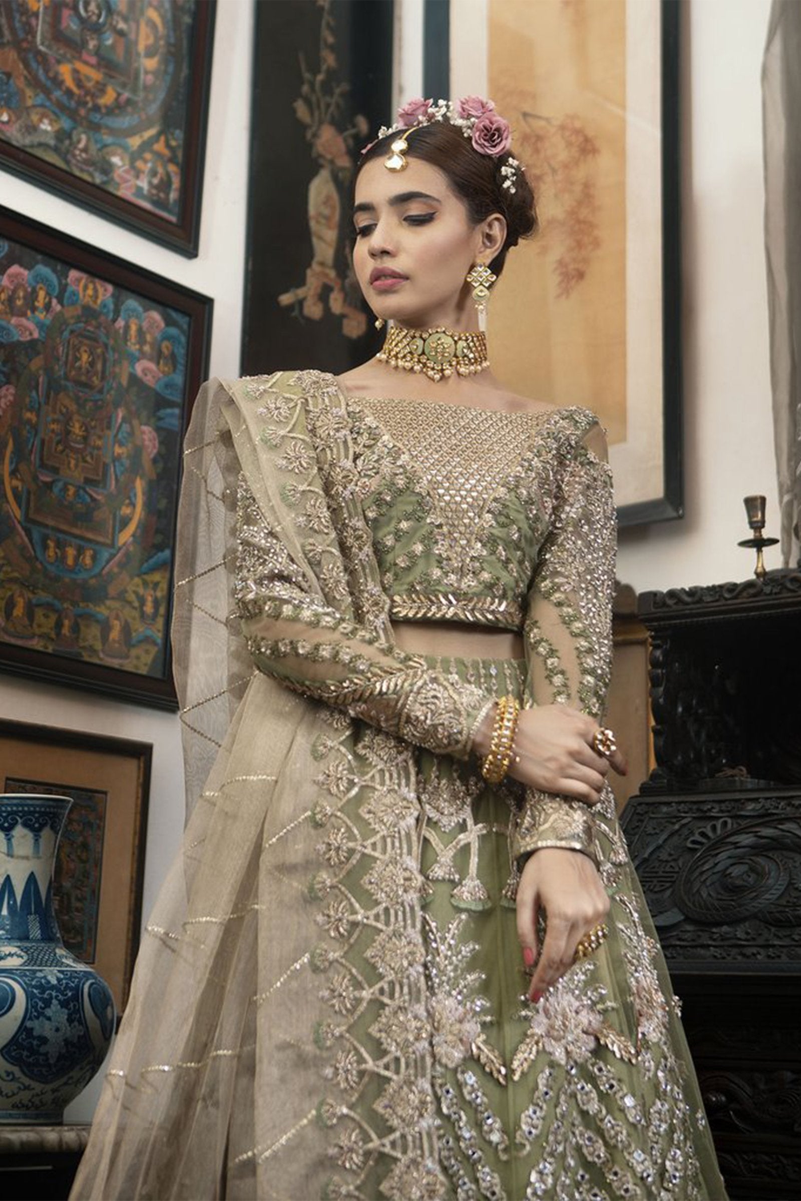 Pakistani Sage Green Embellished Net Lehenga Choli (3-Piece) - Image 1