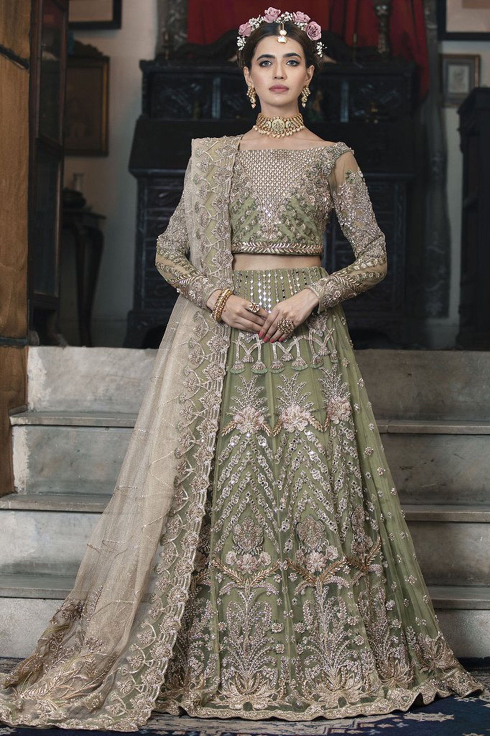 Pakistani Sage Green Embellished Net Lehenga Choli (3-Piece) - Image 2