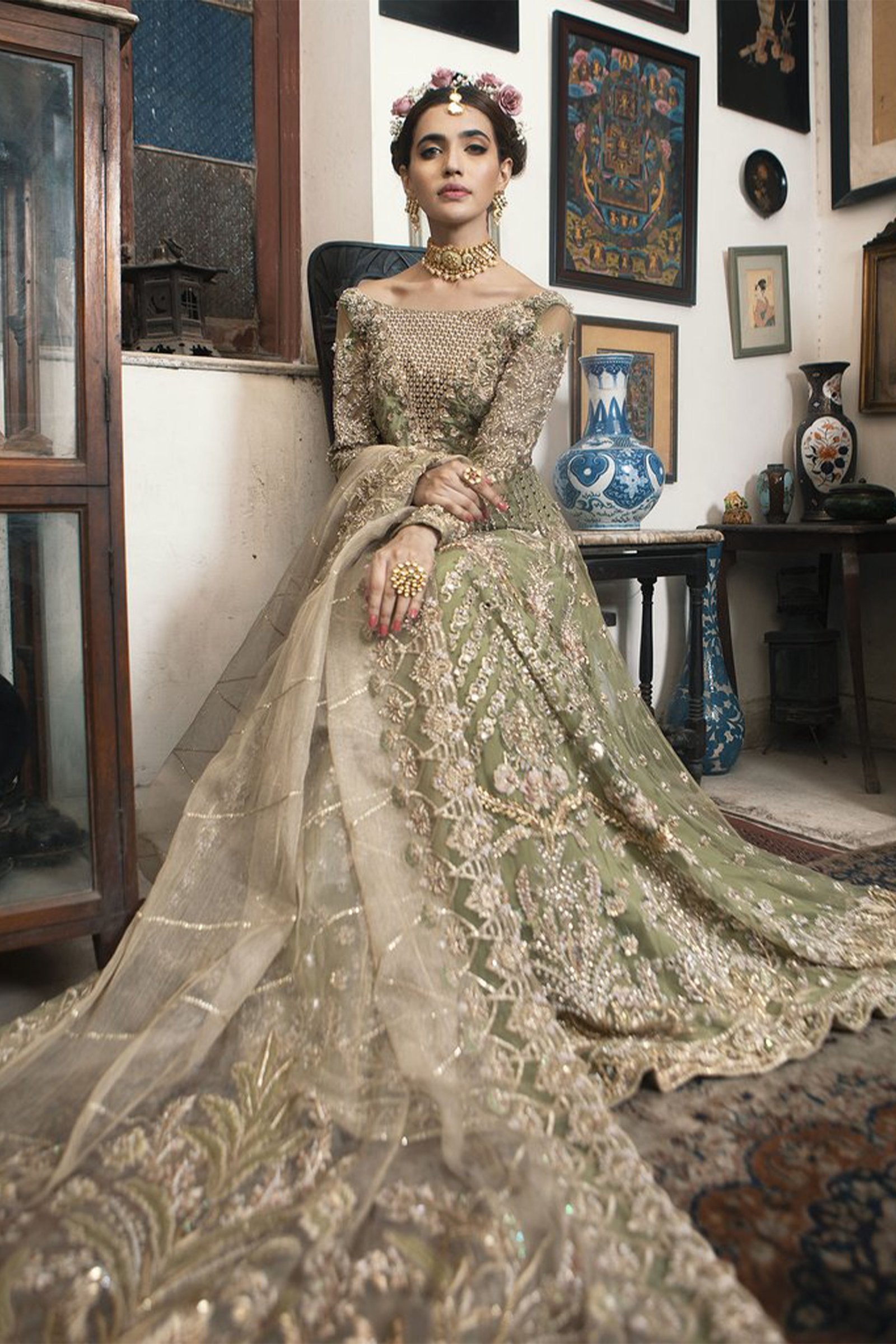 Pakistani Sage Green Embellished Net Lehenga Choli (3-Piece) - Image 3
