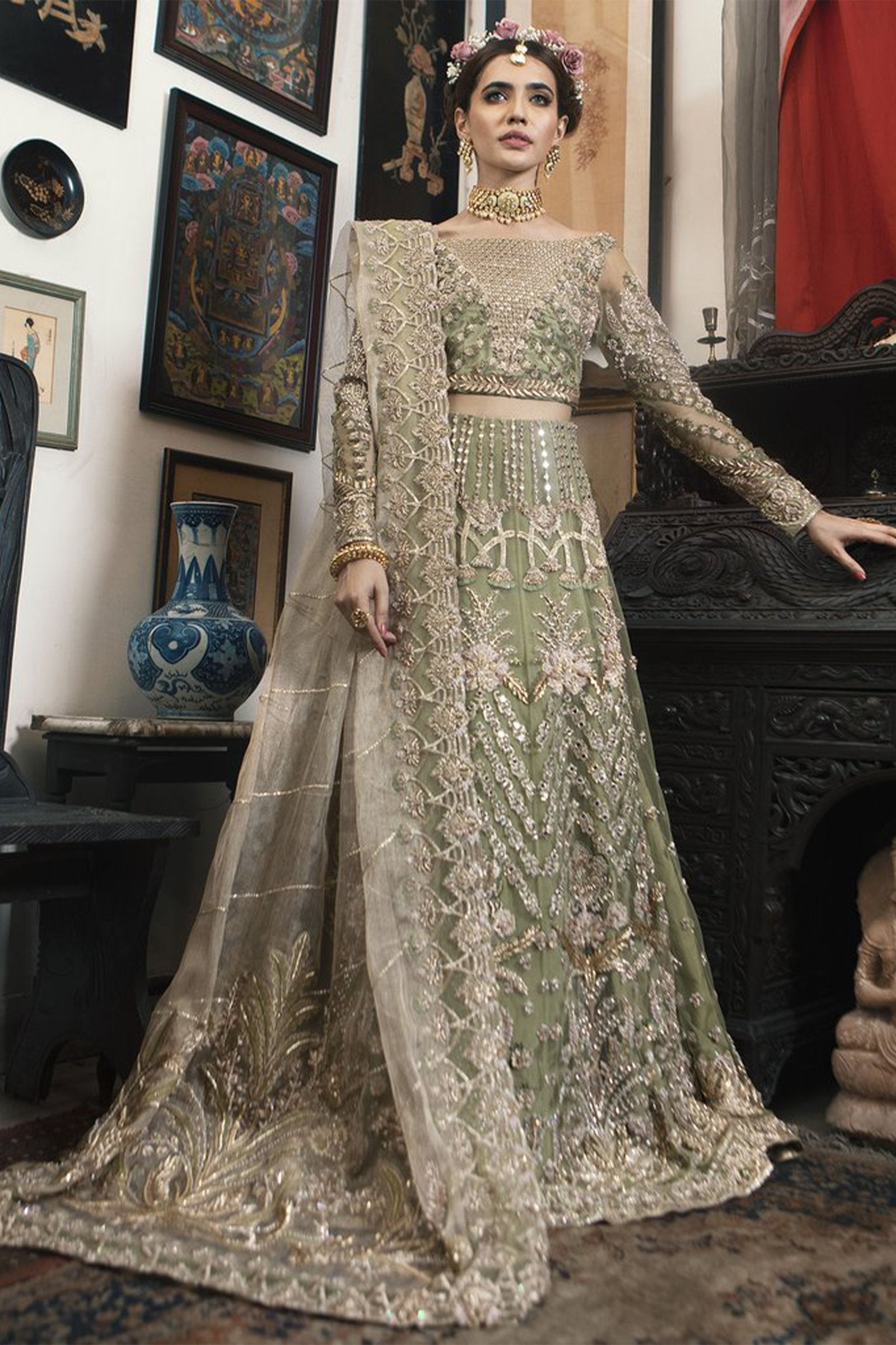 Pakistani Sage Green Embellished Net Lehenga Choli (3-Piece) - Image 5
