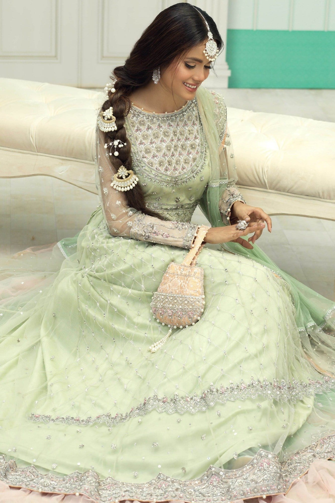 Mint Green Embroidered Net Lehenga Choli (3-Piece) - Image 3