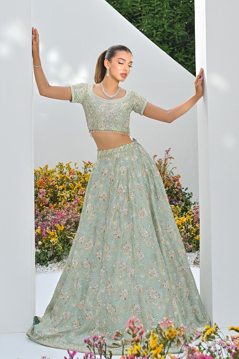 Mint Green Embellished Net Lehenga Choli (3-Piece) - Image 5