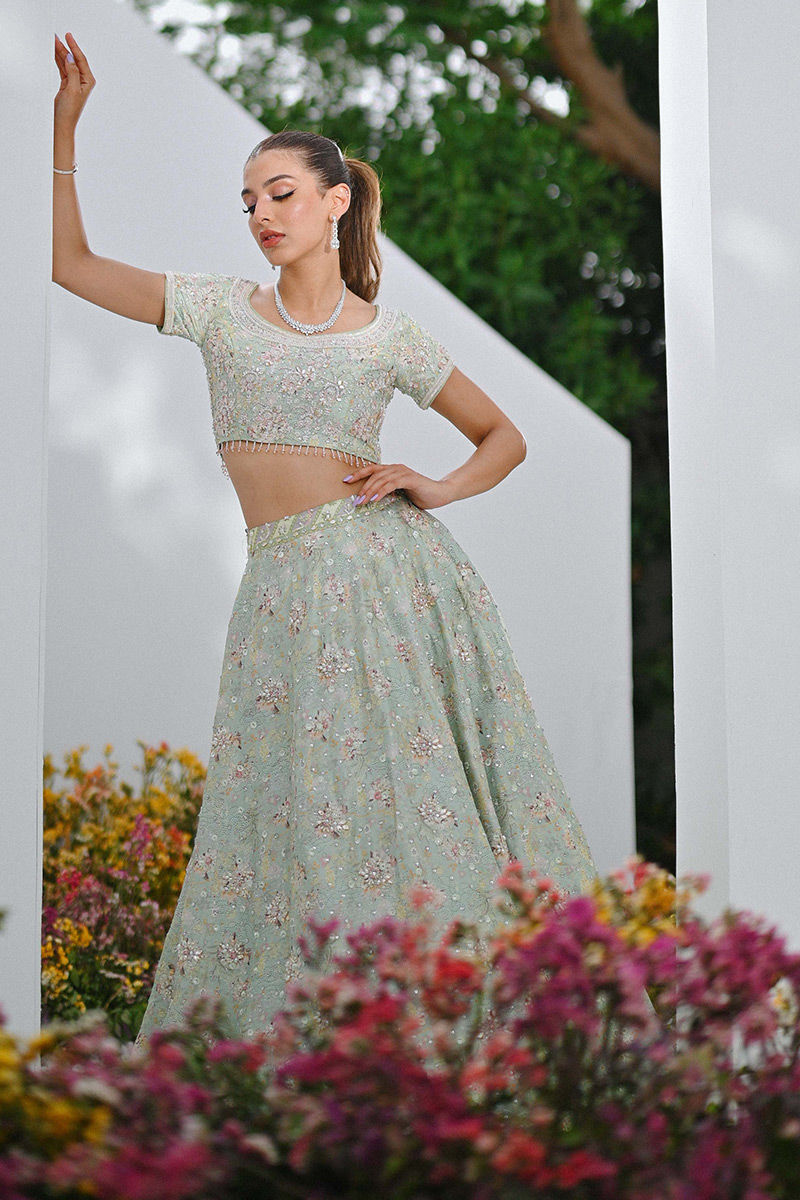 Mint Green Embellished Net Lehenga Choli (3-Piece) - Image 6