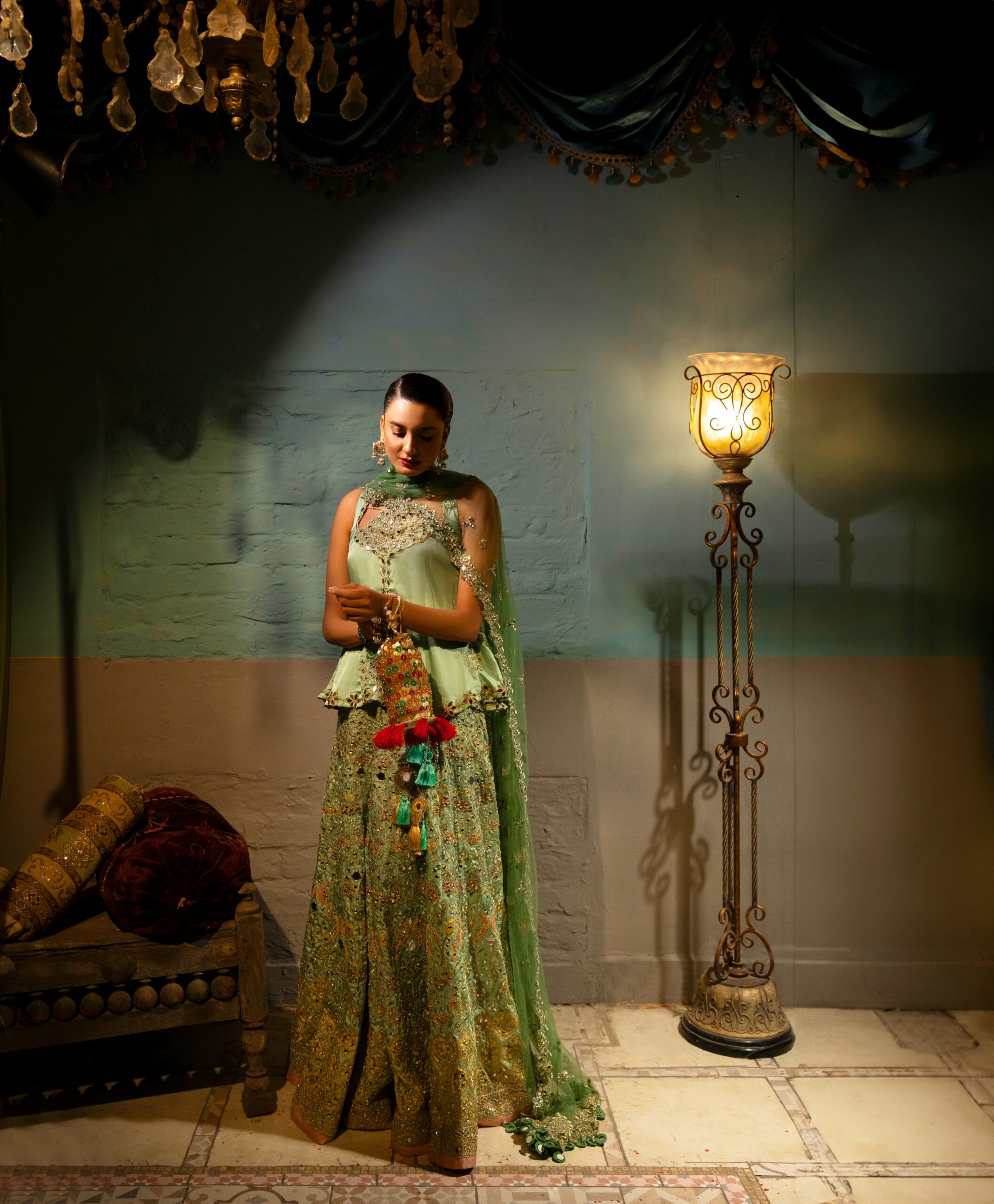 Pakistani Emerald Green Embroidered Net Lehenga (3-Piece) - Image 1