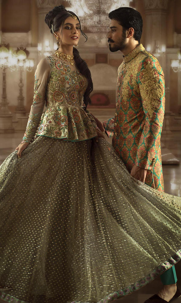 Olive Multicolour Embroidered Net Peplum Lehenga (3-Piece) - Image 3