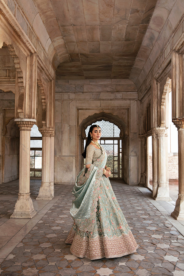 Pakistani Sage Green Embellished Net Bridal Lehenga (3-Piece) - Image 2